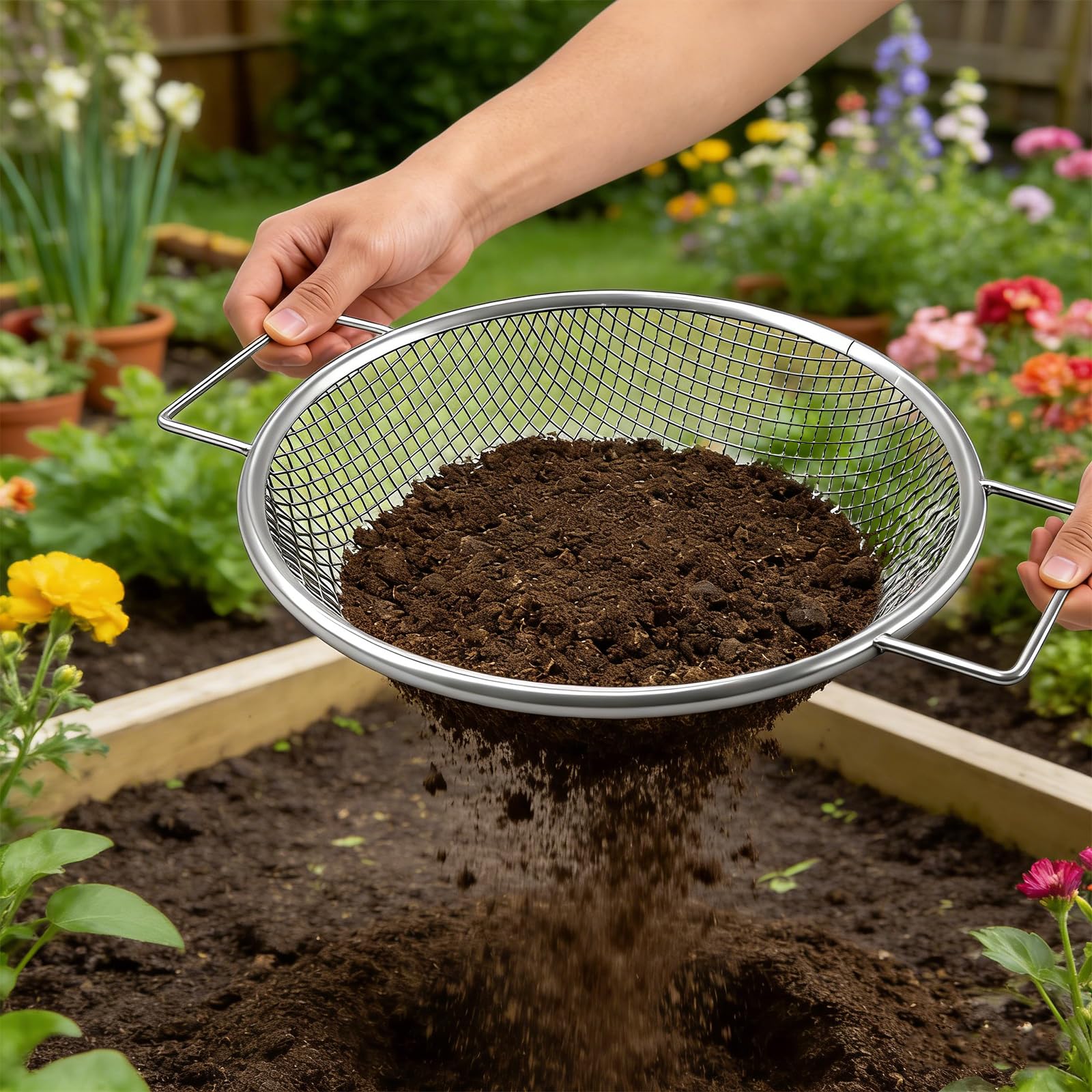 30cm Gartensieb Metall Kompostsieb Garten Sandsieb Rundes Erdsieb mit Griff, Durchwurfsieb 6mm Masche Sieb für Erde Sand Steine Kompost Schotter