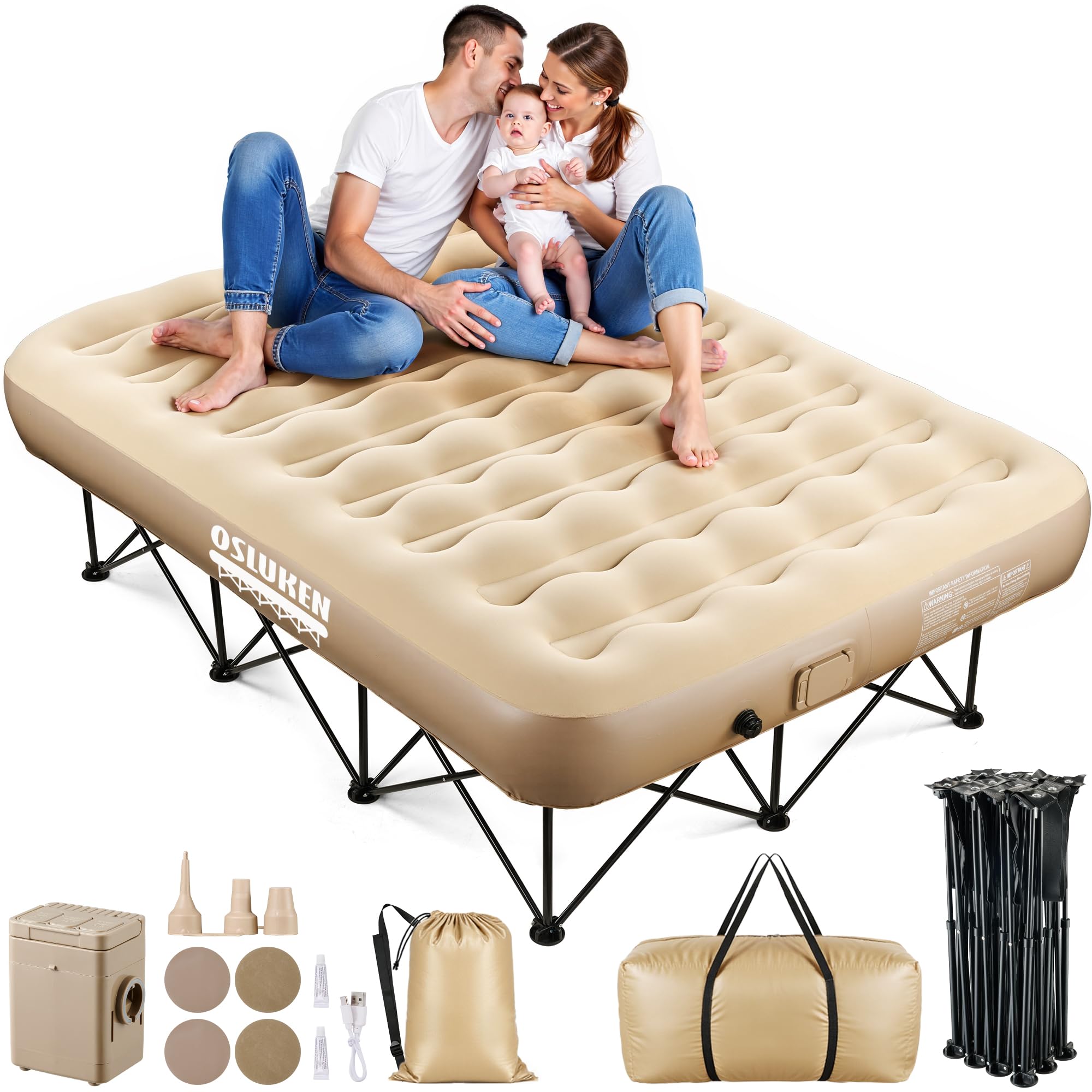 Upgraded Queen EZ Bed Air Mattress with Frame, Self-Inflating Air Mattress Built in Pump Strong Support, Blow Up Queen Airbed Folding Camping Bed for Camping, Home, Guests, Portable Travel