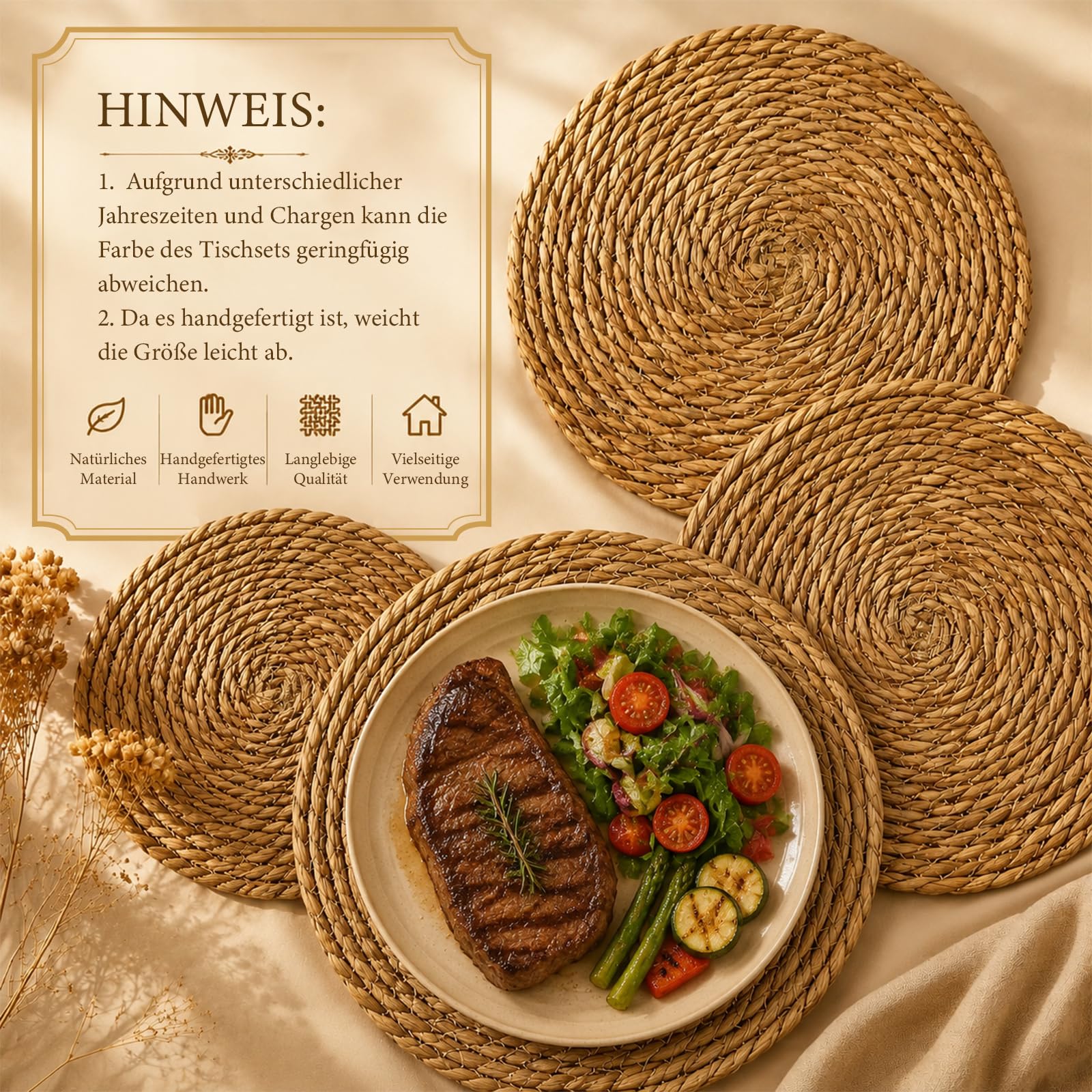 Lot de 12 Sets de Table Ronds tissés, bohèmes tressés naturels | 30 cm résistants à la chaleur, antidérapants, pour table à manger et décoration