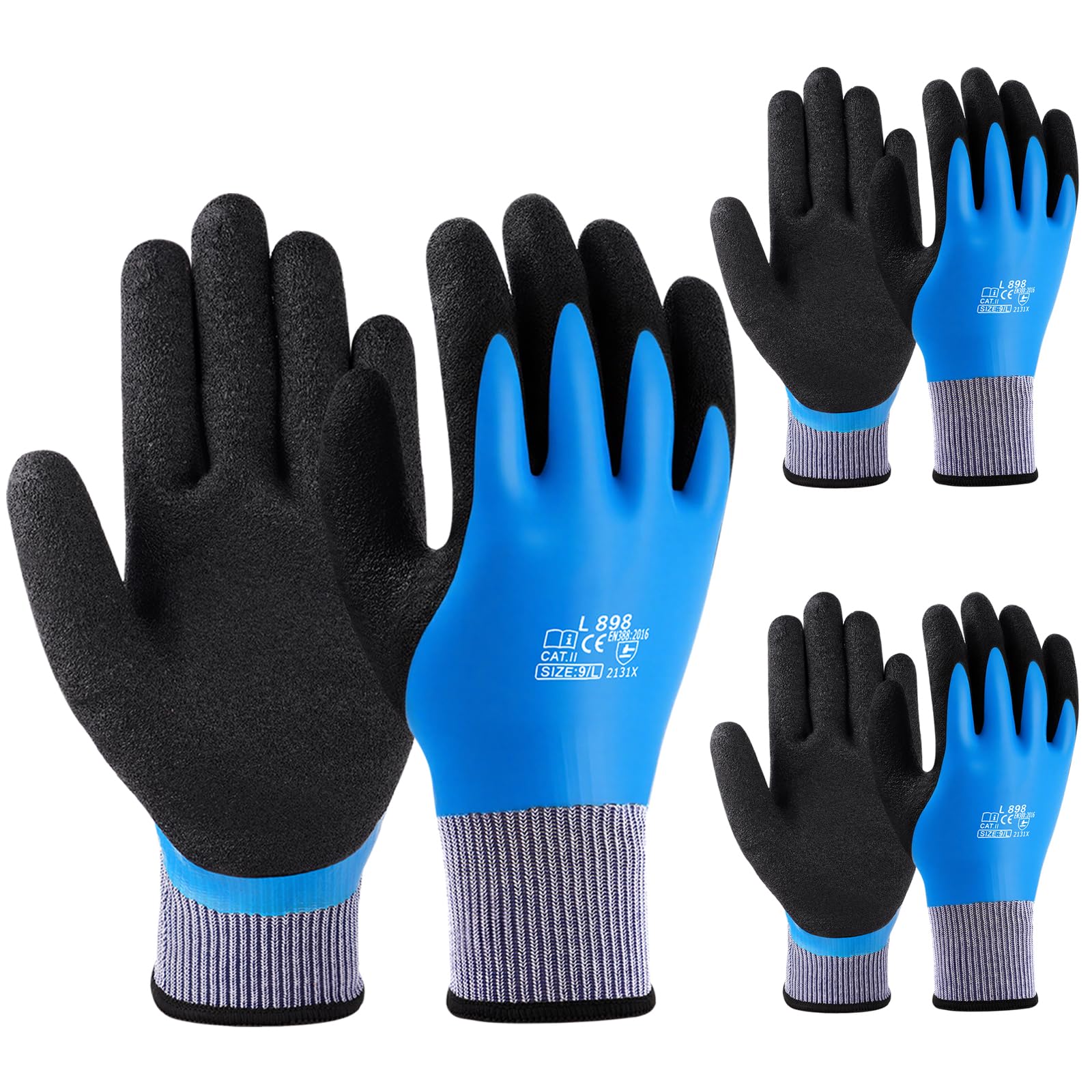 flintronic Waterproof Work Gloves, 3 Pairs Ultra-Grip Work Gloves Non-Slip Latex Coated Versatile for Gardening, Car Washing, Fishing, Cleaning, Outdoor Tasks, Blue, L