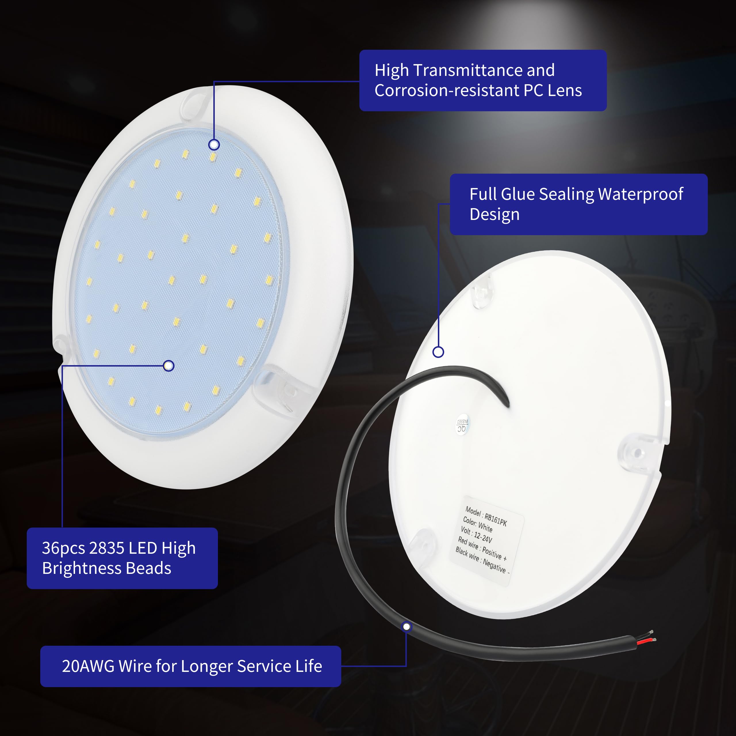 RVZONE Boat LED Dome Light IP68 Marine Led Lights White Round Surface Mounted Boat Interior Lights Round Cabin Light for Boats RV Trailers