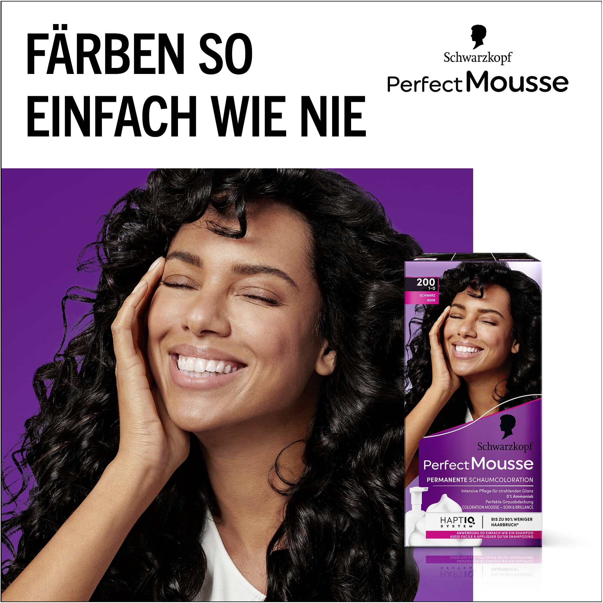 Schwarzkopf Perfect Mousse permanentna farba piankowa 200/1-0 czarna (3 x 92,5 ml), farba do włosów z perfekcyjnym pokryciem szarości, koloryzacja dla intensywnej pielęgnacji i promiennego połysku