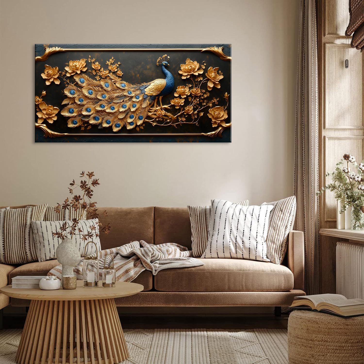 ZESTRILIA Pretty Peacock Wall Art for Living Room Office Gold Country Rustic Retro Asian Canvas Painting Prints Golden Vintage Elegant Peackock Artwork Dining Bedroom Decor Extra Large (58x28 Inches)