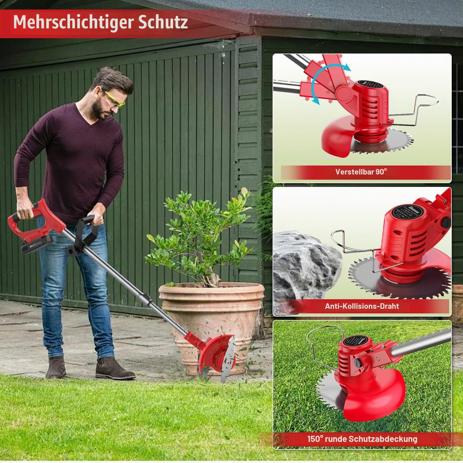 Bamse Rasentrimmer mit Akku – Akku Rasentrimmer, 11000 U/min, 2x2000mAh, Teleskopgriff 85–120cm, 2 Schneidköpfe – Freischneider Akku für Garten, Motorsense, Kantenschneider Rasen, Rot