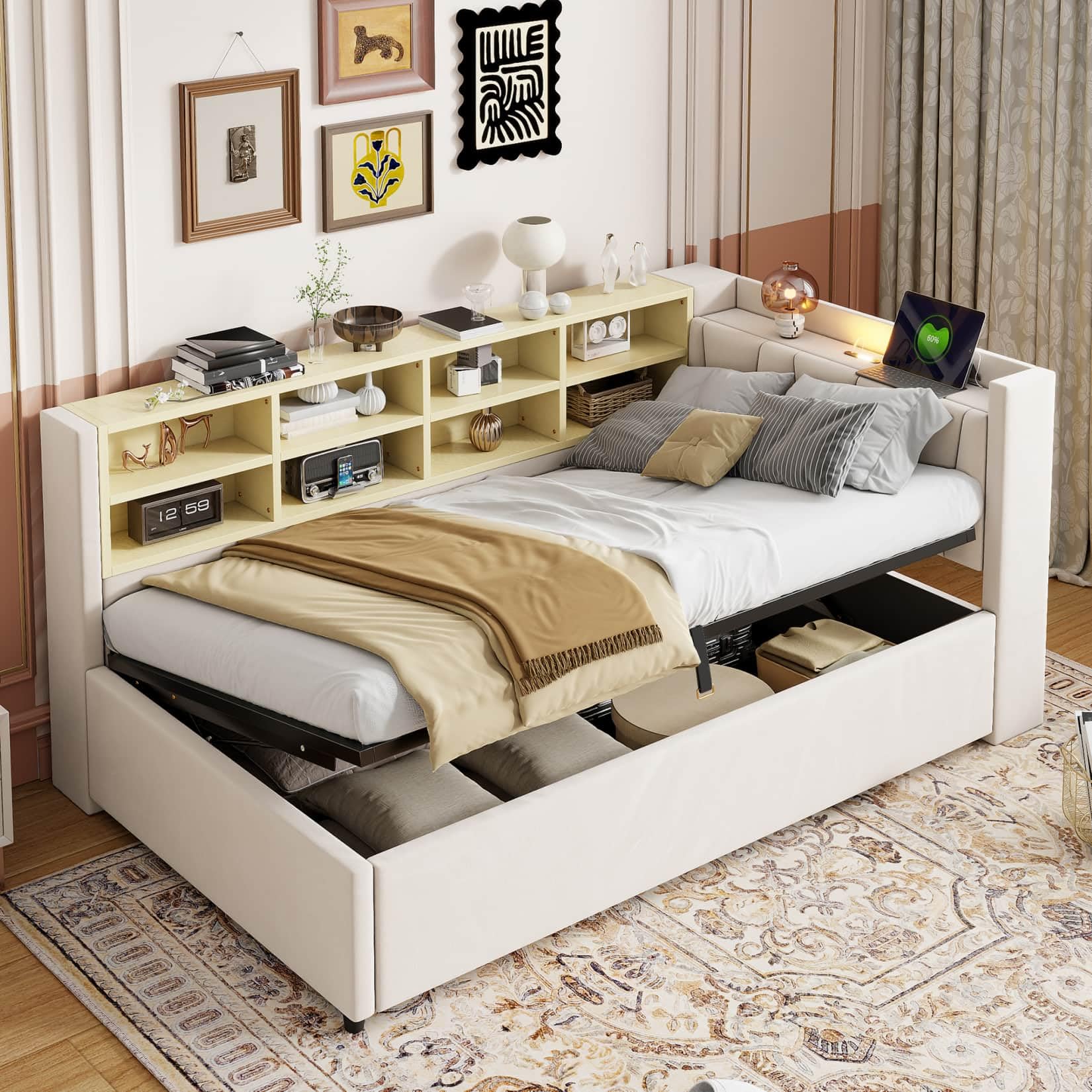PUGSDRLY Lit 1 Place 90x200cm avec Rangement Hydraulique et Veilleuse,Canapé Lit Multifonctionnel avec Compartiments de Rangement,Port USB et Type-C,Sommier à Lattes,Tissu Velours (Beige, 90)