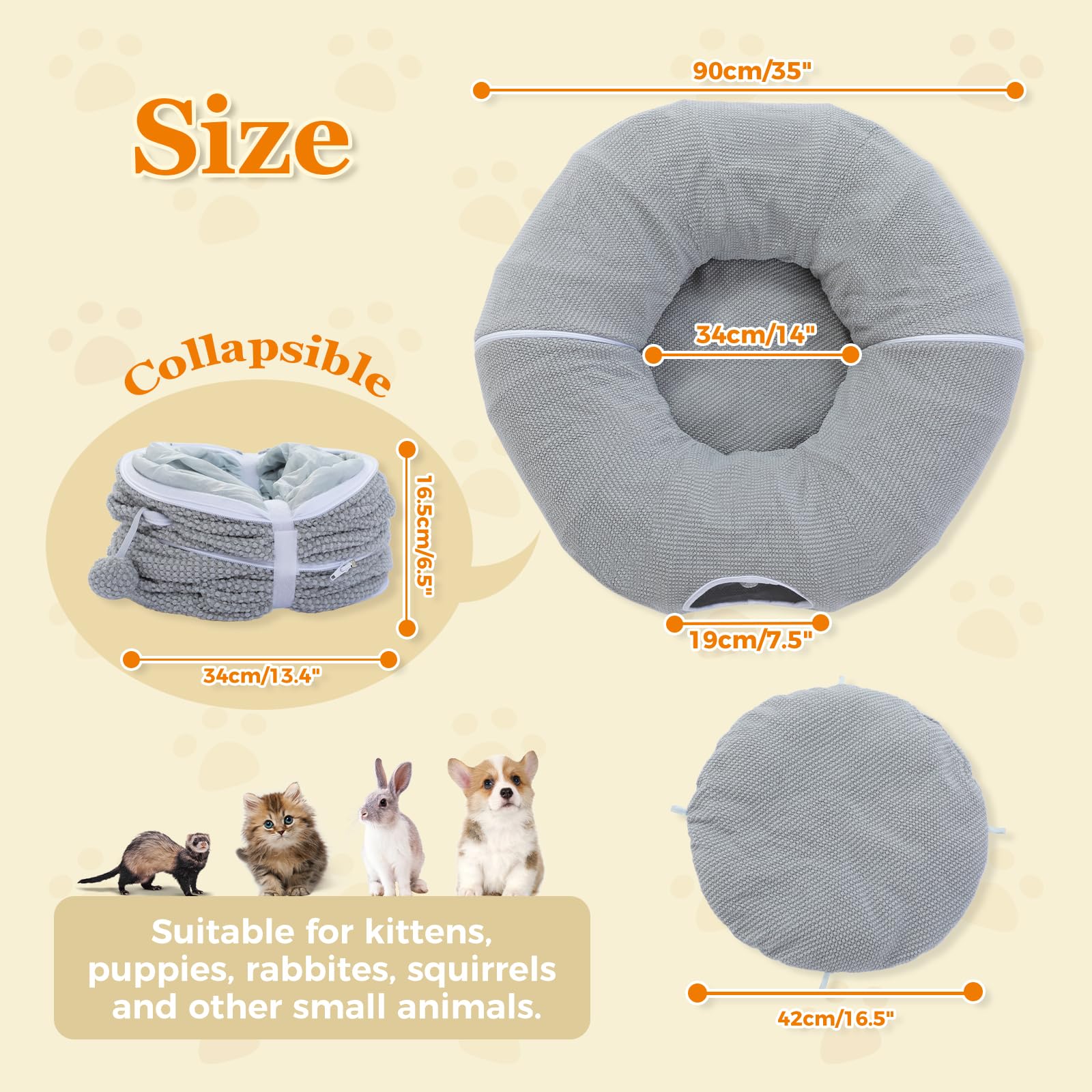 PAWZ Road Túnel de peluche para gatos, túnel de conejo, juguete para gatos, 2 en 1, forma circular, túnel para gatos y cama para gatos, diámetro de 85 cm, color gris