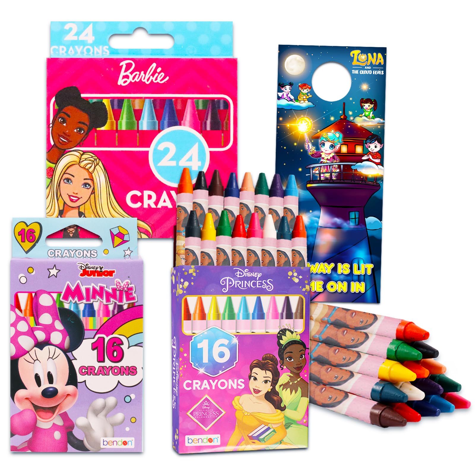 Crenstone Exclusive Crayons for Girls Ages 4-8 Set - Bundle with 56 Crayons for Toddlers Featuring Barbie, Minnie Mouse, and Disney Princesses for Party Favors, More | Princess Crayons for Girls