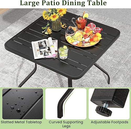 Miniatura 9 de Tangkula Juego de comedor de metal de 5 piezas, mesa de comedor cuadrada de 37 pulgadas con 4 sillas apilables, mesa de listones con agujero para