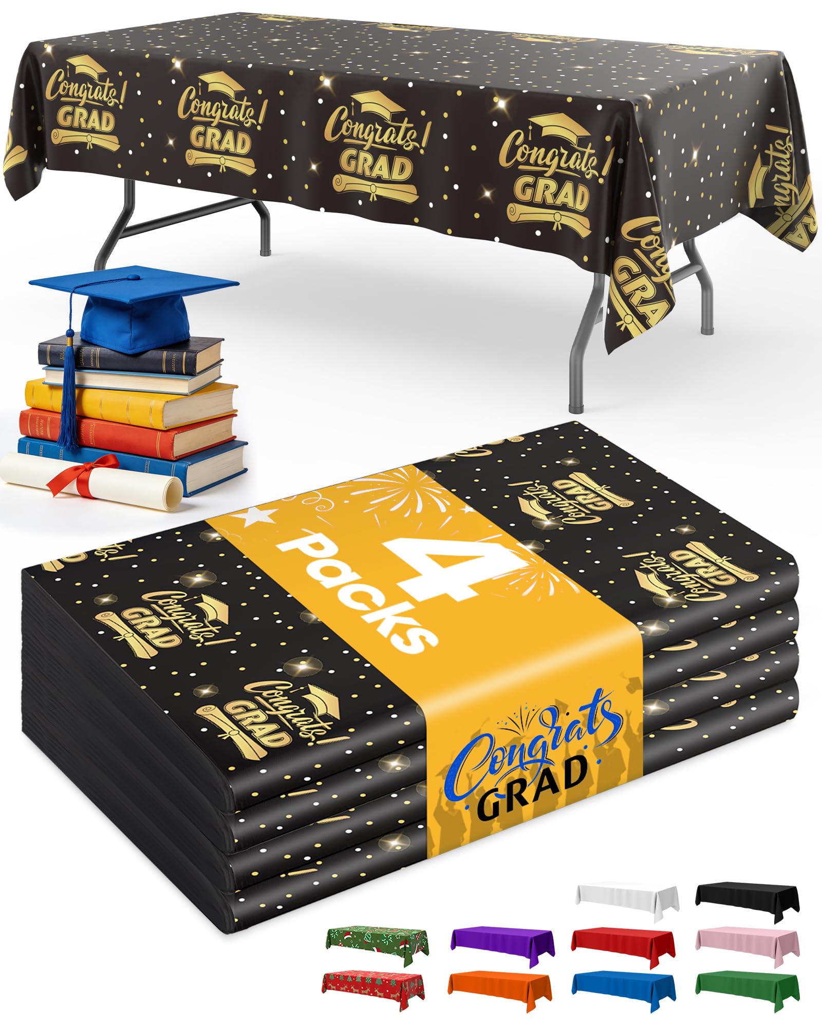 Niuara Black Graduation Plastic Table Cloth Disposable, 4 Pack, 54 x 108 in
