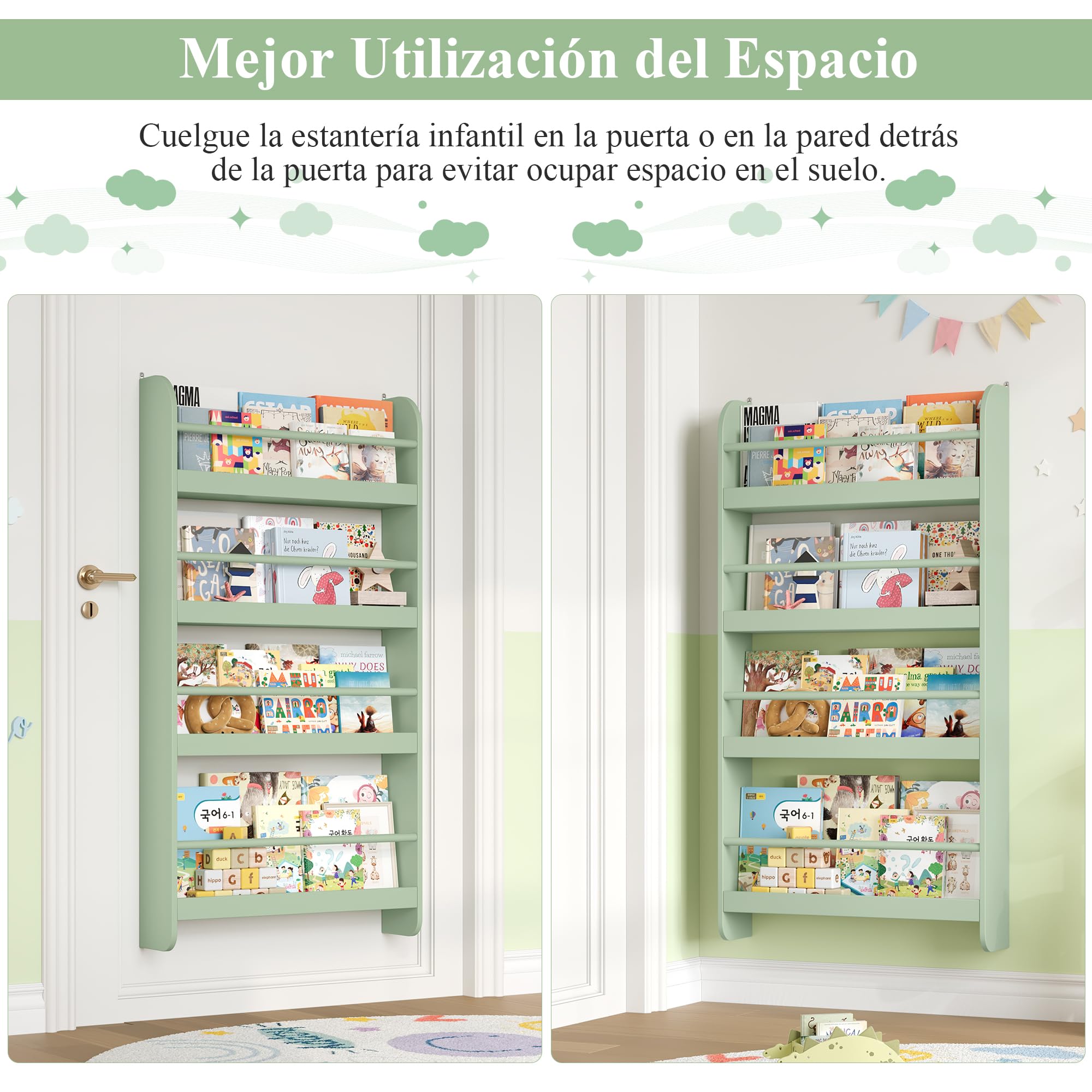 FOREHILL Estantería Infantil Pared, Estantería Infantil Libros, Librería Infantil Montessori, Madera, para Niños, 4 Estantes 111x58x12cm Verde