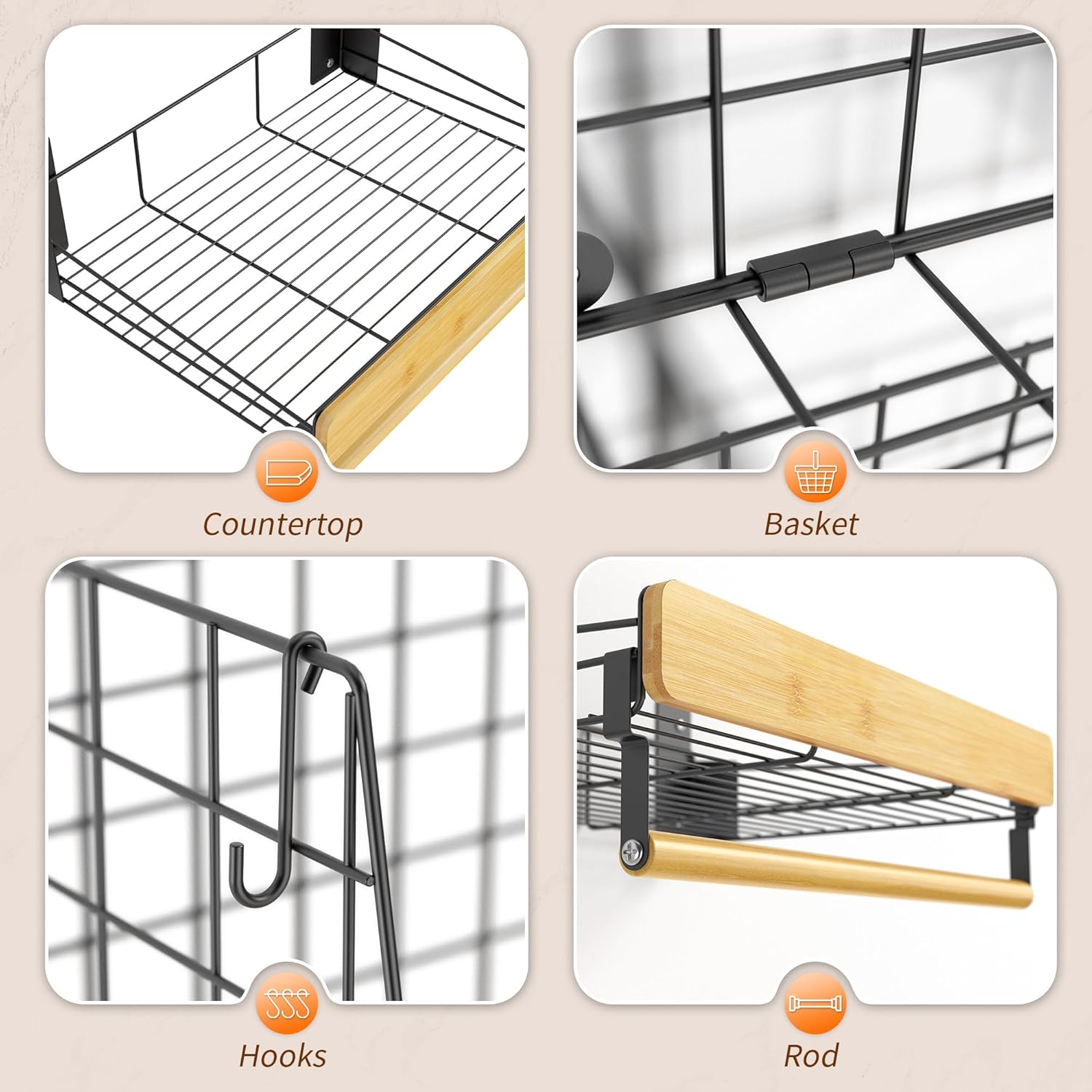 Wall Mounted Laundry Room Shelves, Wire Baskets with 8 Hooks and Hanging Rod, Over The Washer and Dryer Shelf, Drying Rack, Laundry Room Organizer and Storage, 2 Pack Black