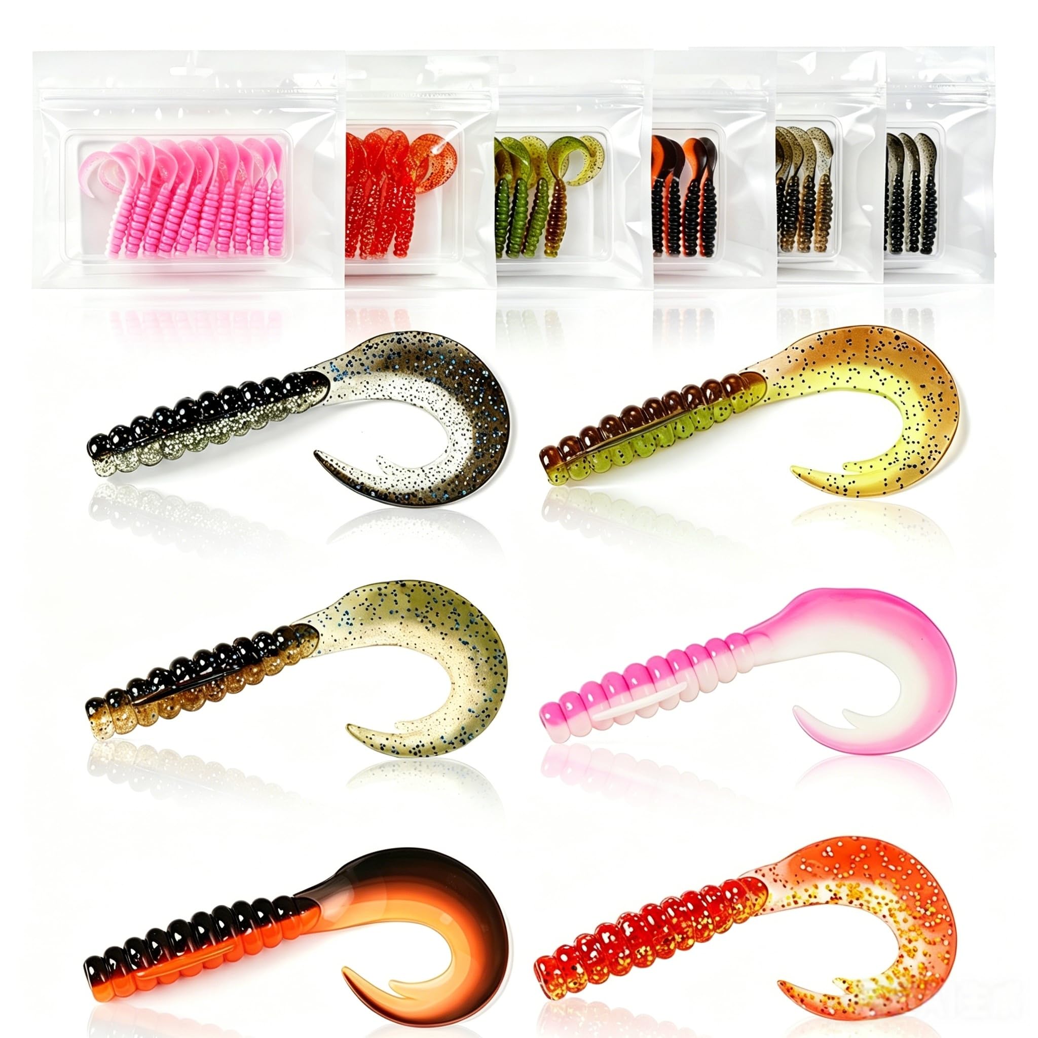 Lot de 90 leurres de pêche souples à queue bouclée de qualité supérieure - Assortiment de 6 couleurs pour bar, truite, crappie Bluegill - Disponible en 5,6 cm (90 pièces) / 7,6 cm (60 pièces) - Appâts