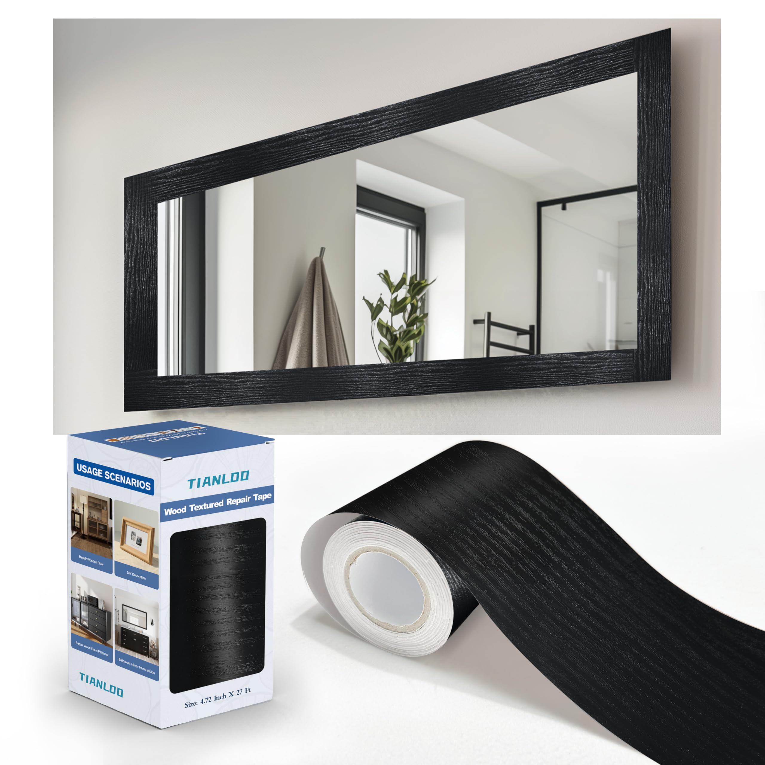 TIANLDD 27 FT Wood Grain Wallpaper Border, Removable Waterproof Mirror Border Peel and Stick,Bathroom Mirror Frame Border.（Black）