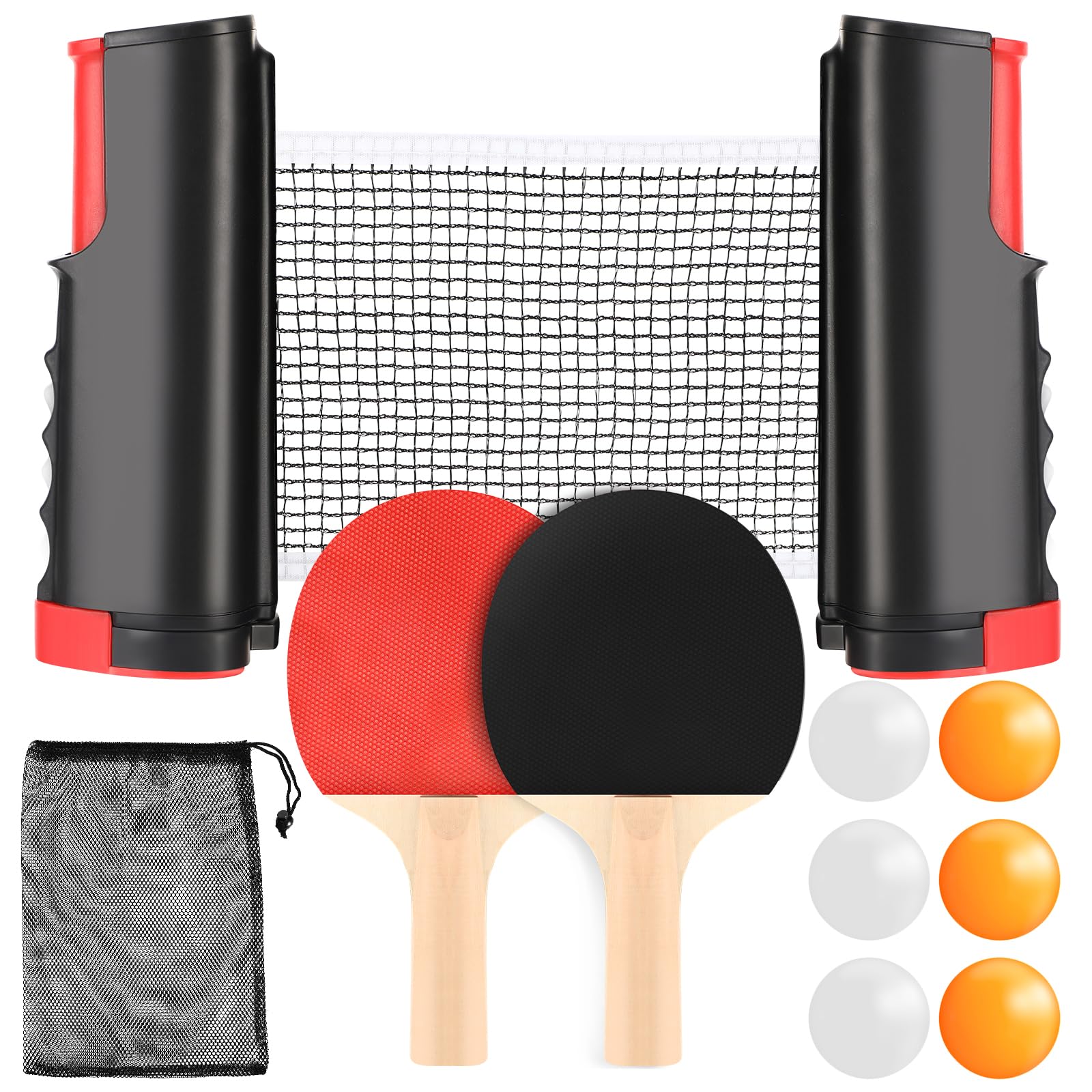 Set Ping Pong Portátil con 2 Raquetas, 6 Pelotas, Red Retráctil, Bolsa | Juego de tenis de mesa profesional, ideal para niños, adultos, oficina, interiores y exteriores.