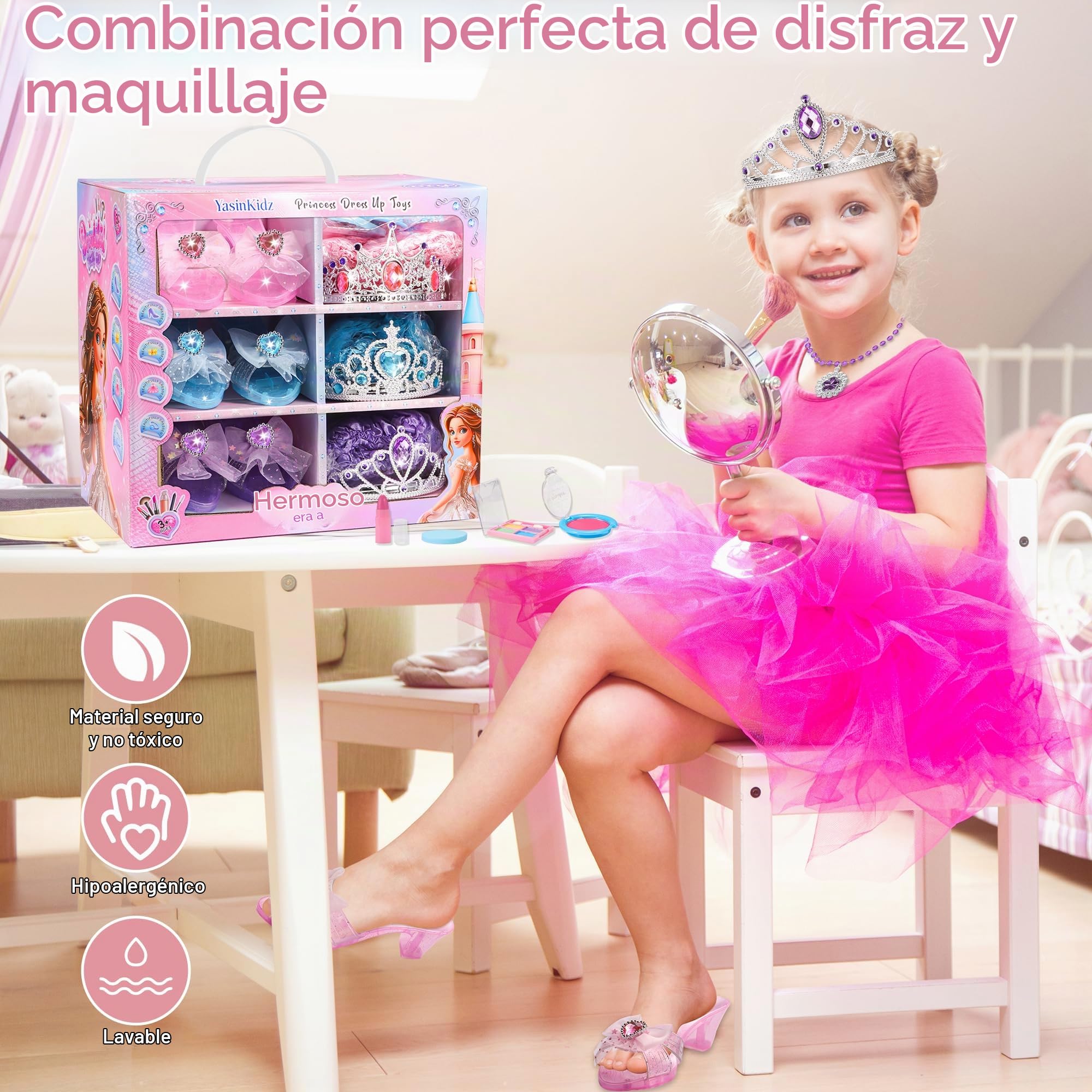 Zapatos Princesa Niñas con Maquillaje, Princesa Juguetes Niña con 3 Pares de Zapatos, 3 Tutu Niña, Corona, Collar, Regalos Niñas para Navidad Cumpleaños para 3 4 5 6 Años