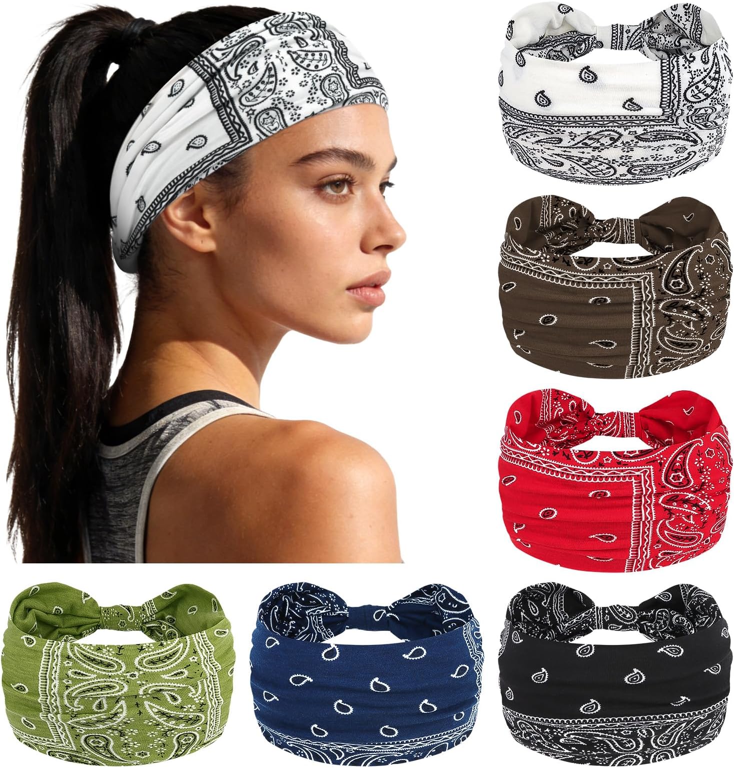 YARIEW Hairband - Wide Bandana Headbands for Women, 6pcs Stretch Knotted Headband, Boho Style Head Bands, Non-Slip Yoga Workout Hair Accessories for Women Girls