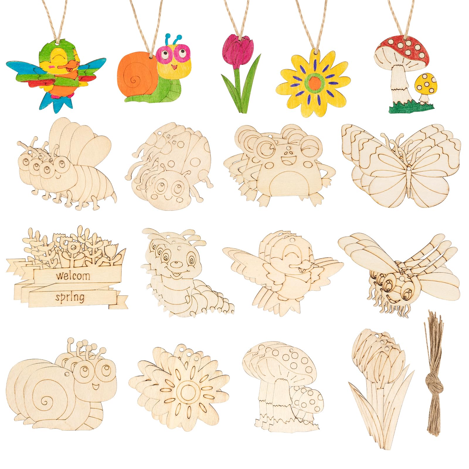 36Pcs DIY Wooden Crafts Set for Kids, 12 Styles Blank Wood Ornaments, Butterfly Dragonfly Snail Flower Shape with Hole Wooden Ornaments Wood Discs for Painting DIY Projects Craft Party Decoration