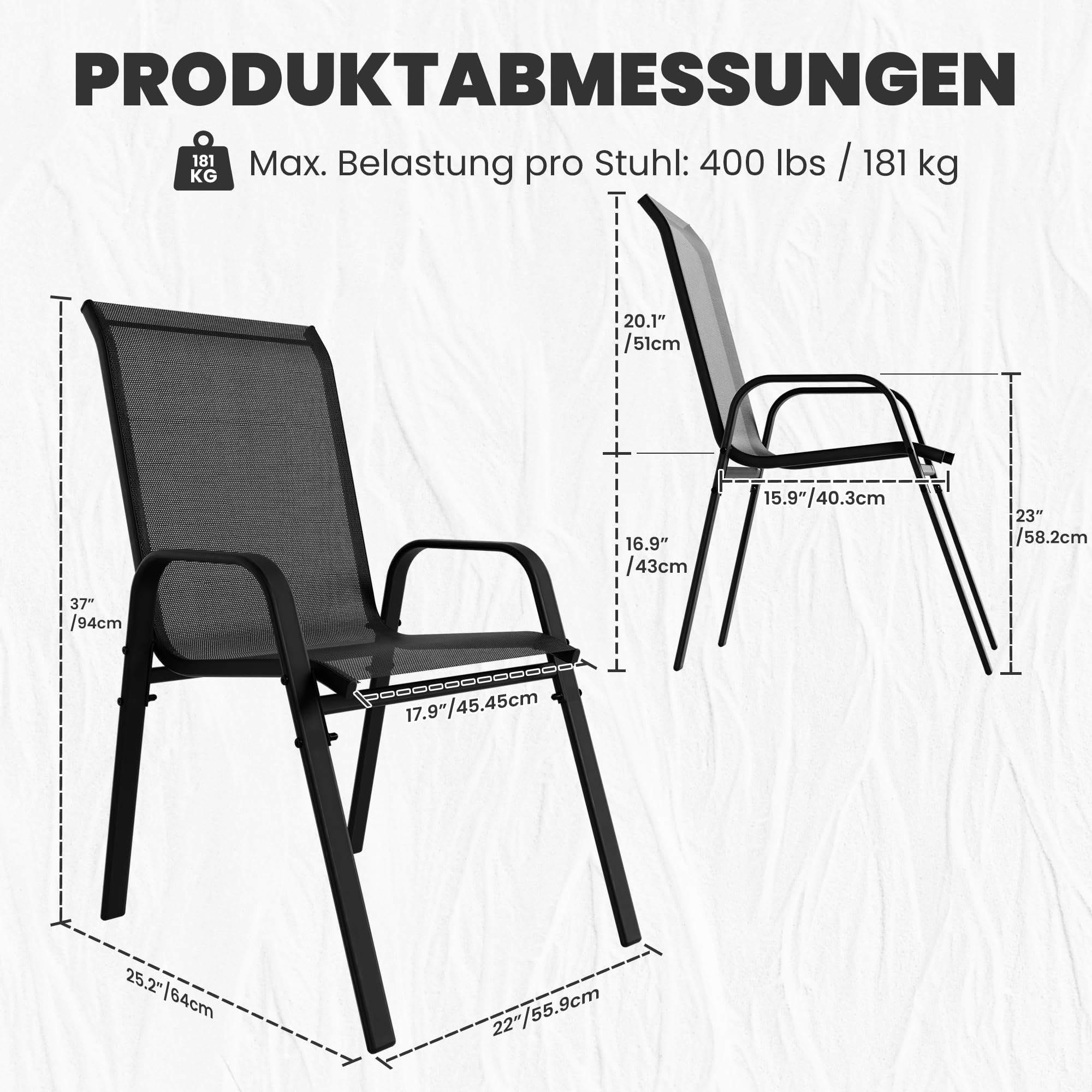 ALAULM Hochlehner Gartenstühle 4er Set Stapelbar, Wetterfeste Terrassenstühle mit Armlehnen, Atmungsaktives Textilene & Stahlgestell für Garten, Balkon, Terrasse, Poolbereich (Schwarz)