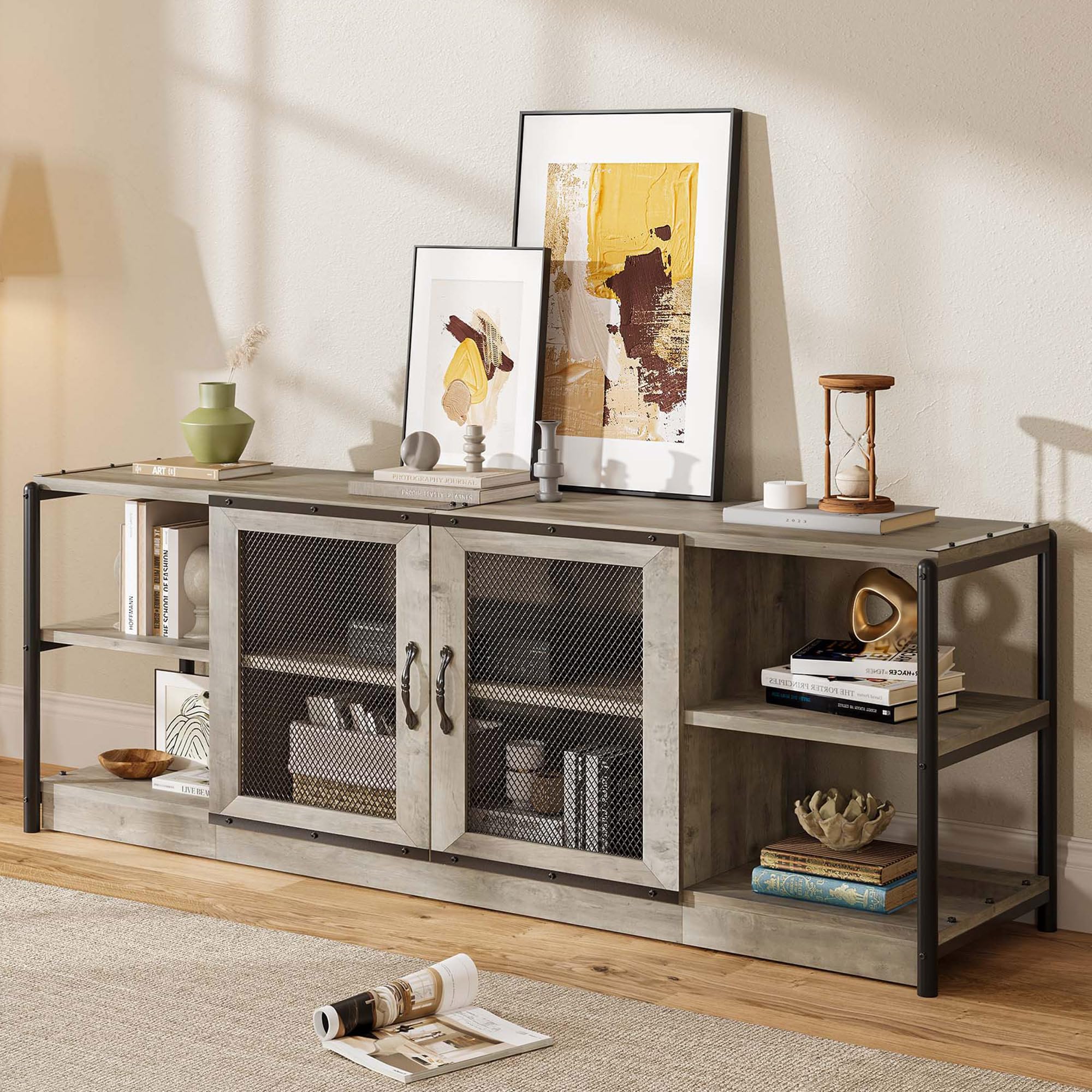 IDEALHOUSE Farmhouse TV Stand for 75/80 inches TVs, Entertainment Center with Storage Cabinet, Industrial Media Console Cabinet Table, Living Room