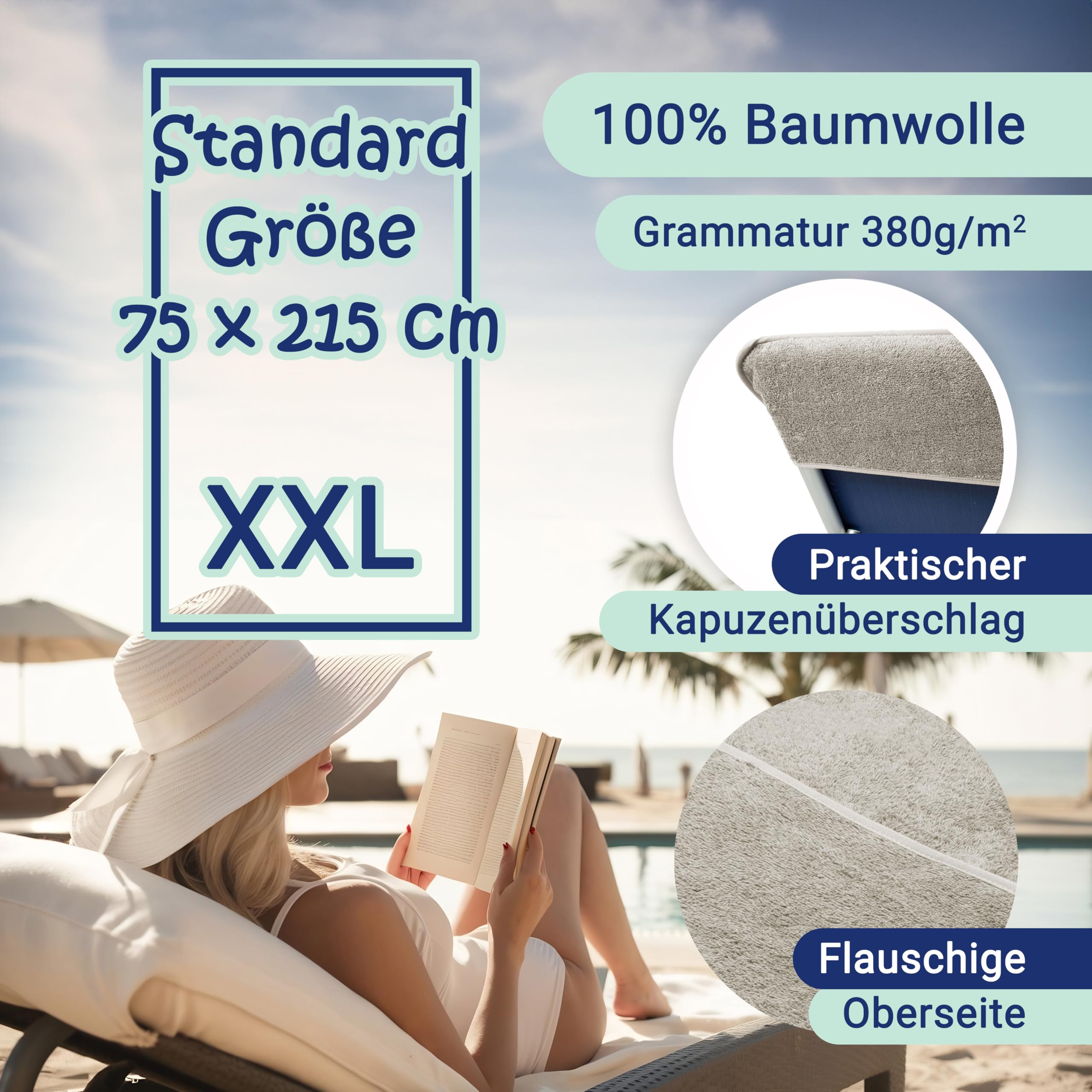 ZOLLNER Schonbezug - weiches und saugstarkes Strandtuch in 75x215 cm - waschbar bis 60°C - Baumwolle in grau - Fester Halt durch eingenähte Kapuze - Oeko Tex® Zertifiziert