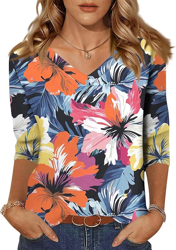 HTHLVMD Womens 3/4 Length Sleeve Tunic Tops Summer Fall Outfits 2025 Three Quarter Sleeve Casual V Neck T Shirts for Women