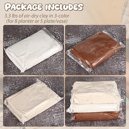 Miniatura 2 de Kit de cerámica de arcilla de secado al aire de 25 piezas de 3 colores para principiantes, incluye arcilla seca de 3.31 libras para adultos,