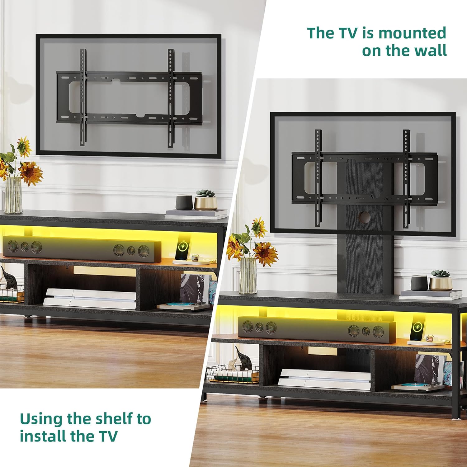 YITAHOME Black TV Stand with Mount, Modern TV Stand for 70/65 inch TV LED Entertainment Center with Adjustable Mount & Power Outlet, TV Console Cabinet, Black - Image 6