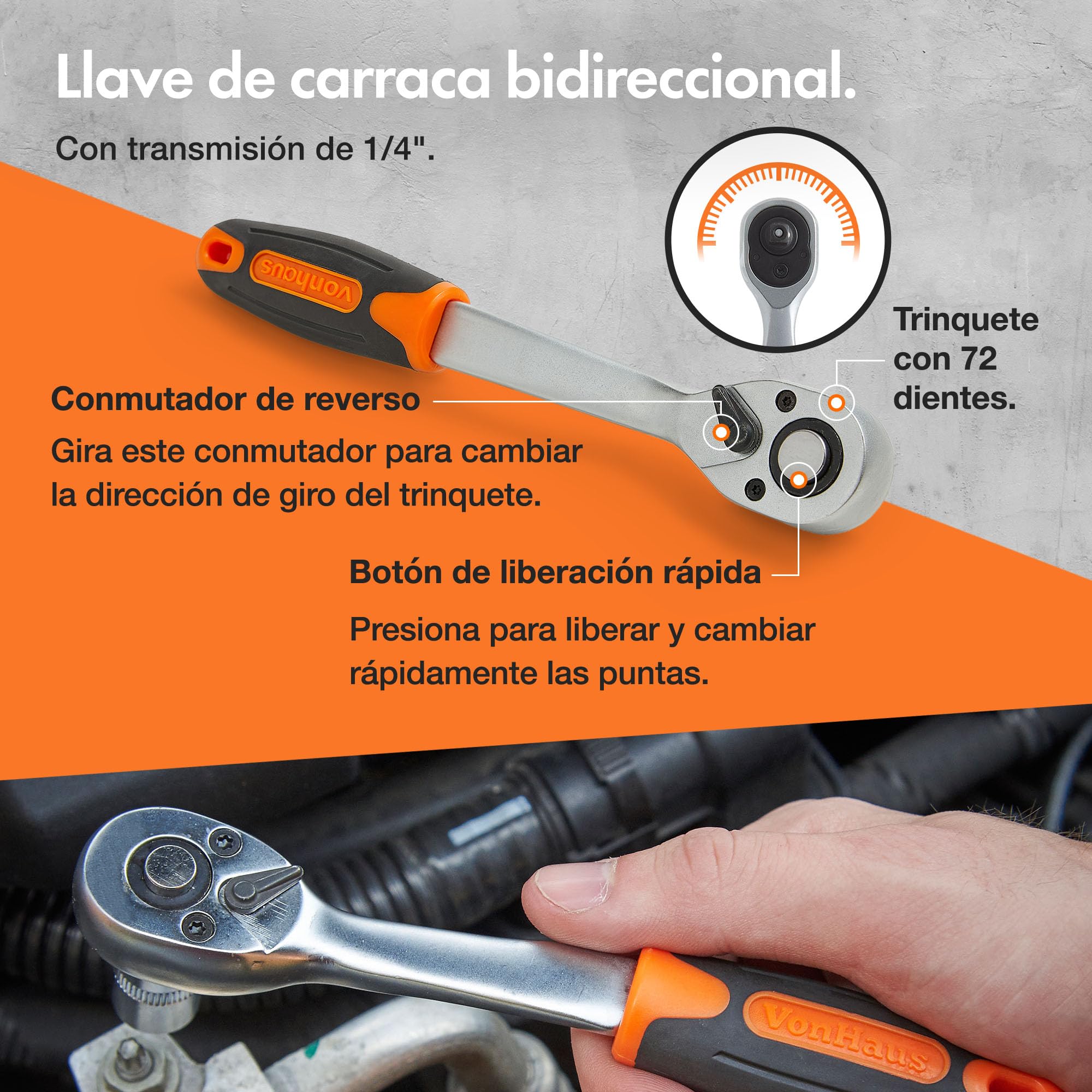 VonHaus Set de Llaves de Vaso y Puntas de Atornillador con Destornillador de Carraca de 72 Dientes, 130 Piezas – Trabajos de Bricolaje, Reparaciones de Bicicletas y Coches y Atornillado General