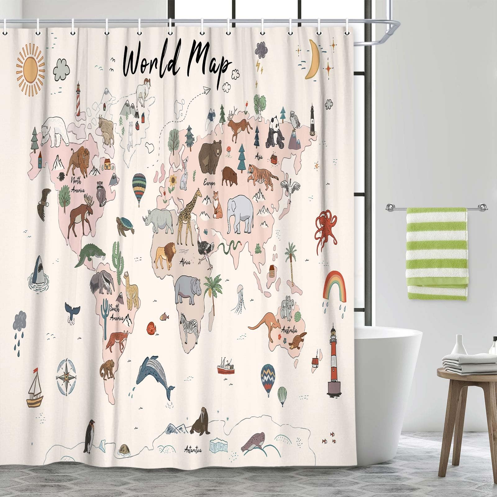 World Map Shower Curtain for Kids, Cute Cartoon Animal Educational Learning Tool Restroom Curtains, Cute Cartoon Animal Educational Learning Tool Waterproof Fabric Bathroom Curtain Set with Hooks