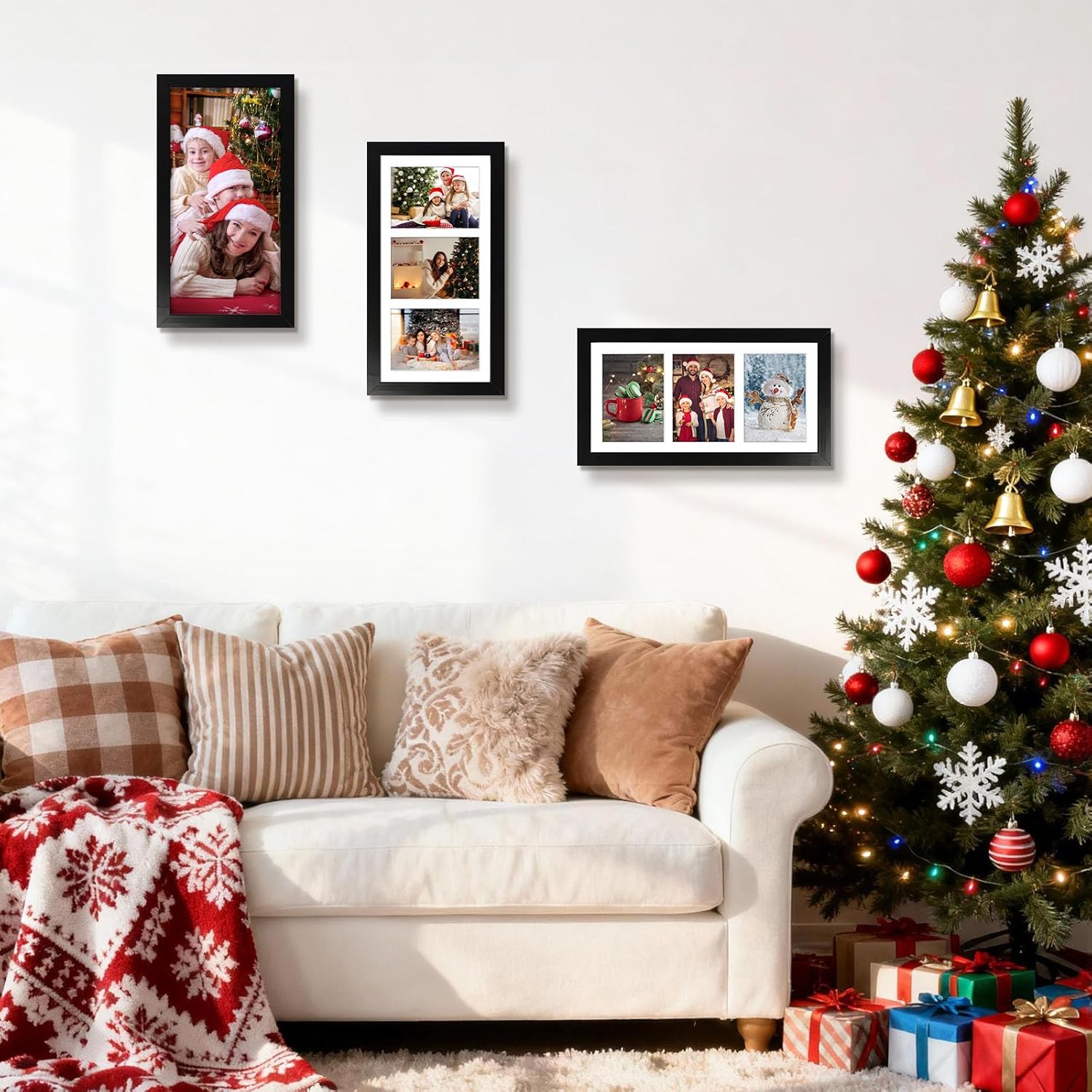 Golden State Art, Set of 2, 7x14 Black Photo Wood Collage Frame with Mat Displays (3) 4"x6" Pictures