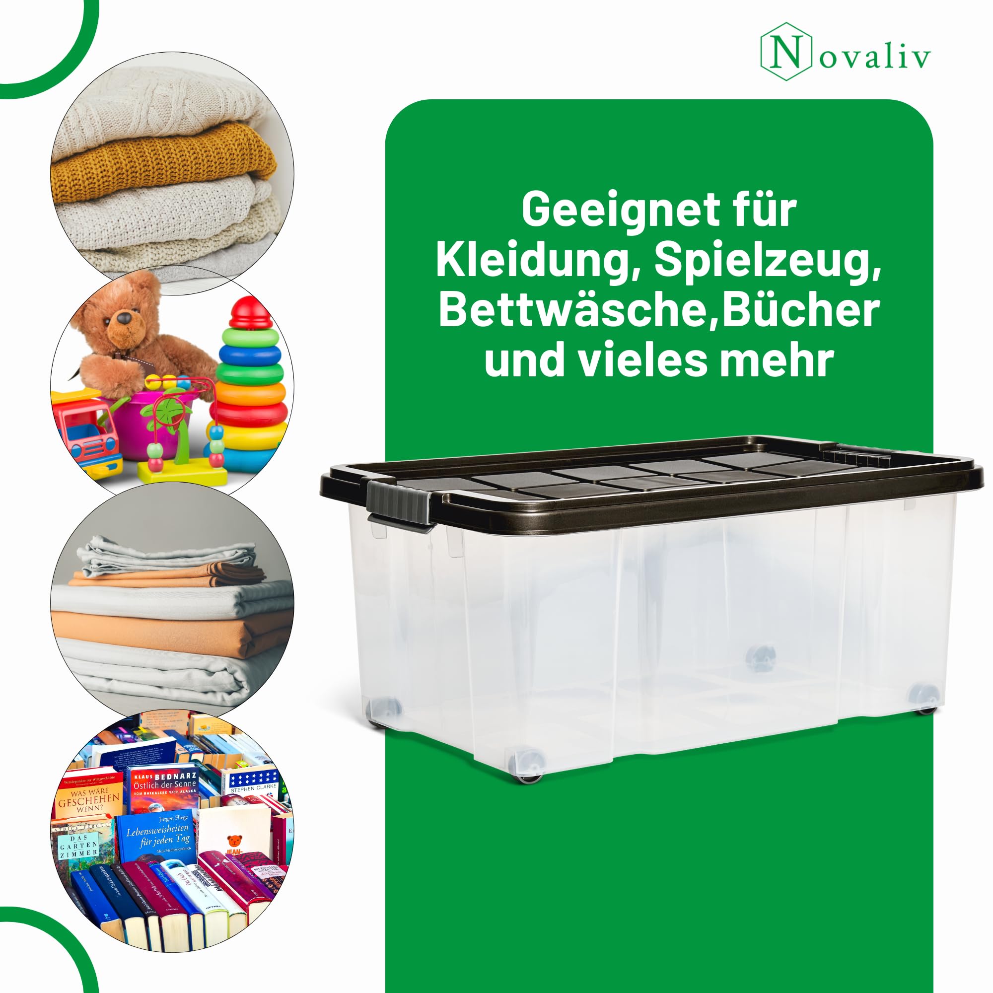 Novaliv 8 scatole portaoggetti con coperchio, grandi 45 l, colore antracite, impilabili, con chiusura a clip, in plastica, senza BPA, 61 x 40 x 26 cm