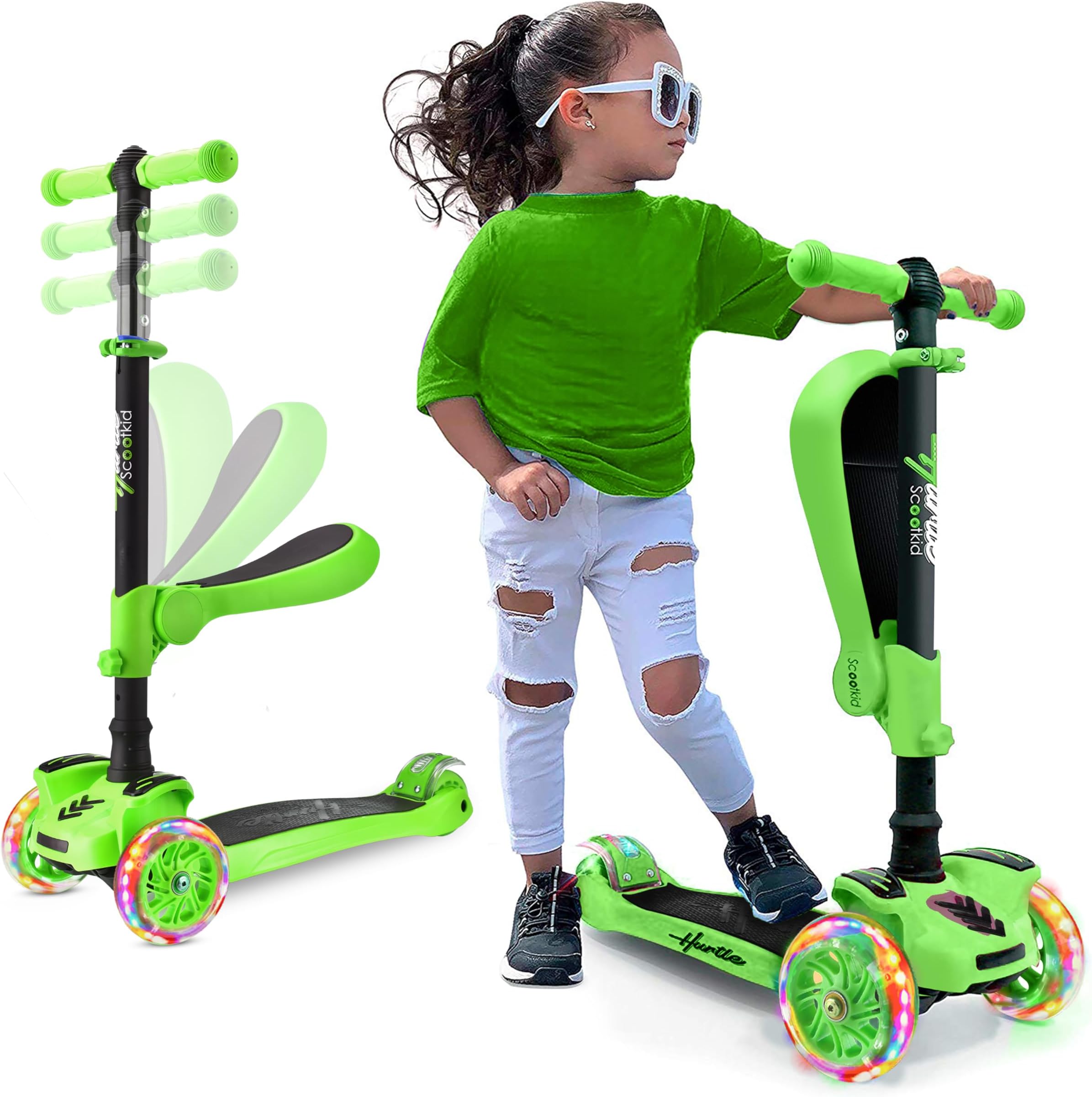 【Hurtle Hartor 3-Wheel Kick Scooter】 Kids' Foldable Kickboard, Toy for Children/Toddlers with Adjustable Height, Non-Slip Deck, Built-in LED Flashing Wheel Light, For Boys/Girls Aged 1 to 14, 【Comes