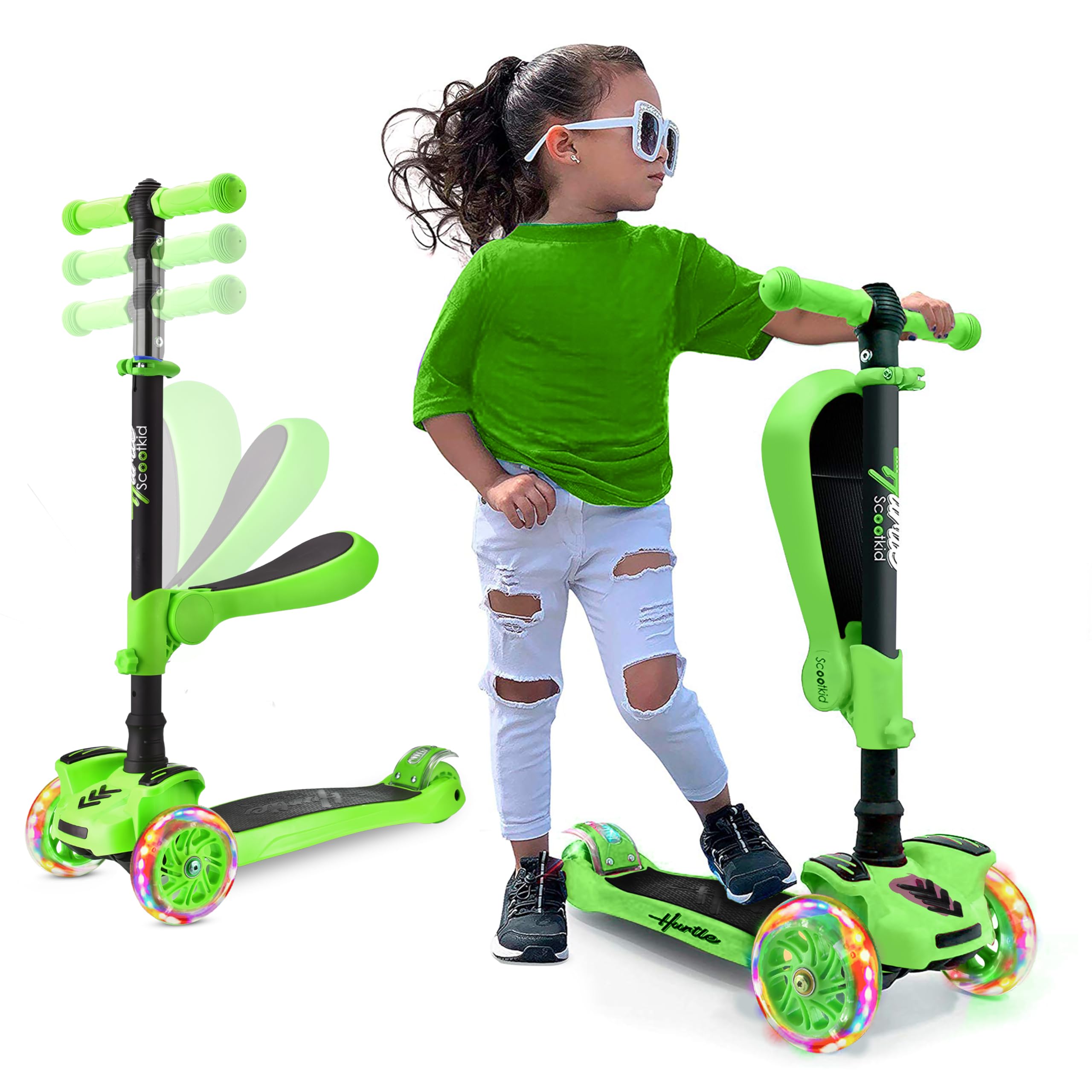 Hurtle 3-Wheeled Scooter for Kids - Wheel LED Lights, Adjustable Lean-to-Steer Handlebar, and Foldable Seat - Sit or Stand Ride with Brake for Boys and Girls Ages 1-14 Years Old