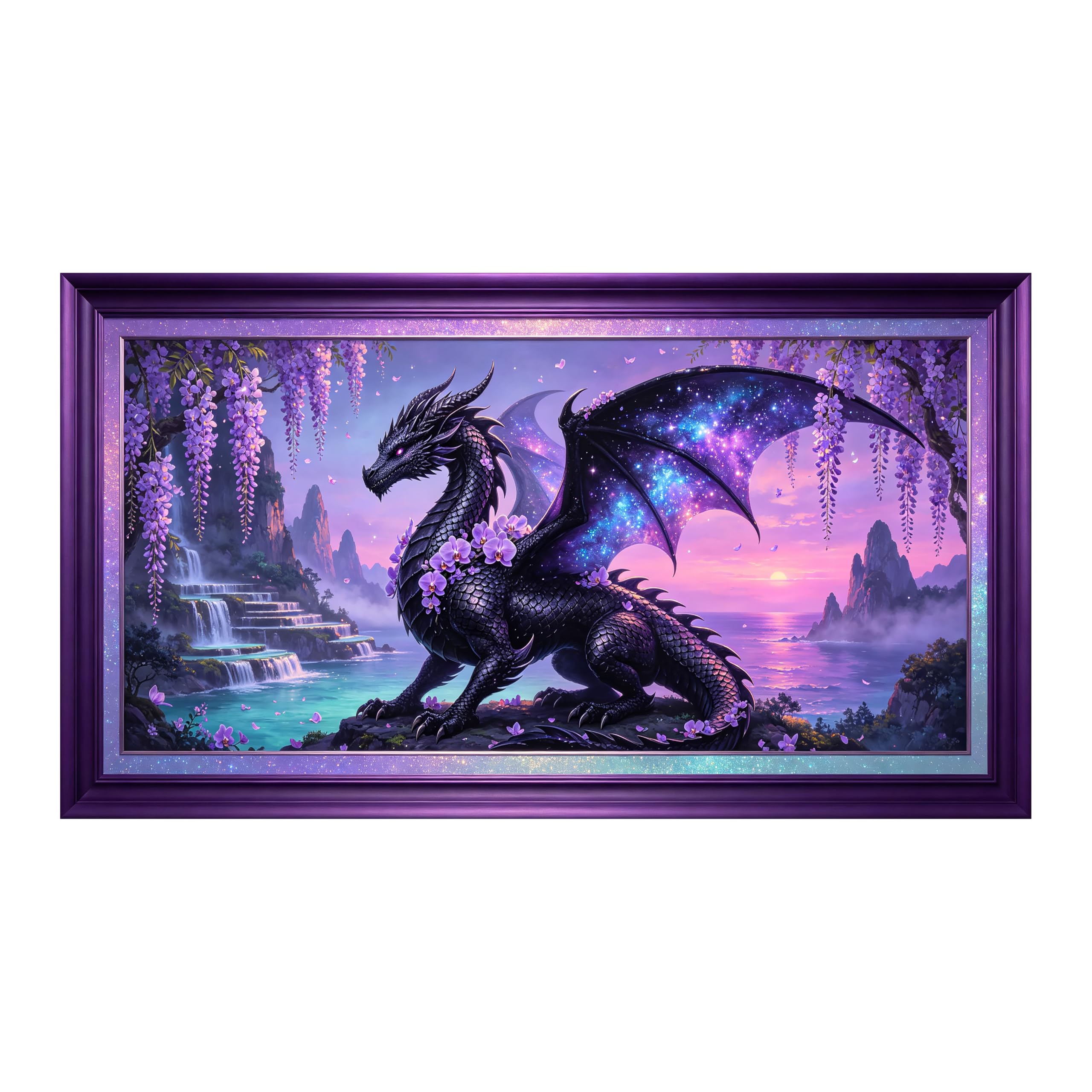 Yzpallescene 3D Framed Wall Art Fantasy Dragon Galaxy Wisteria Waterfall Large Size SelfAdhesive Removable Wall Decor Prints Artwork for Living Room Bedroom Office