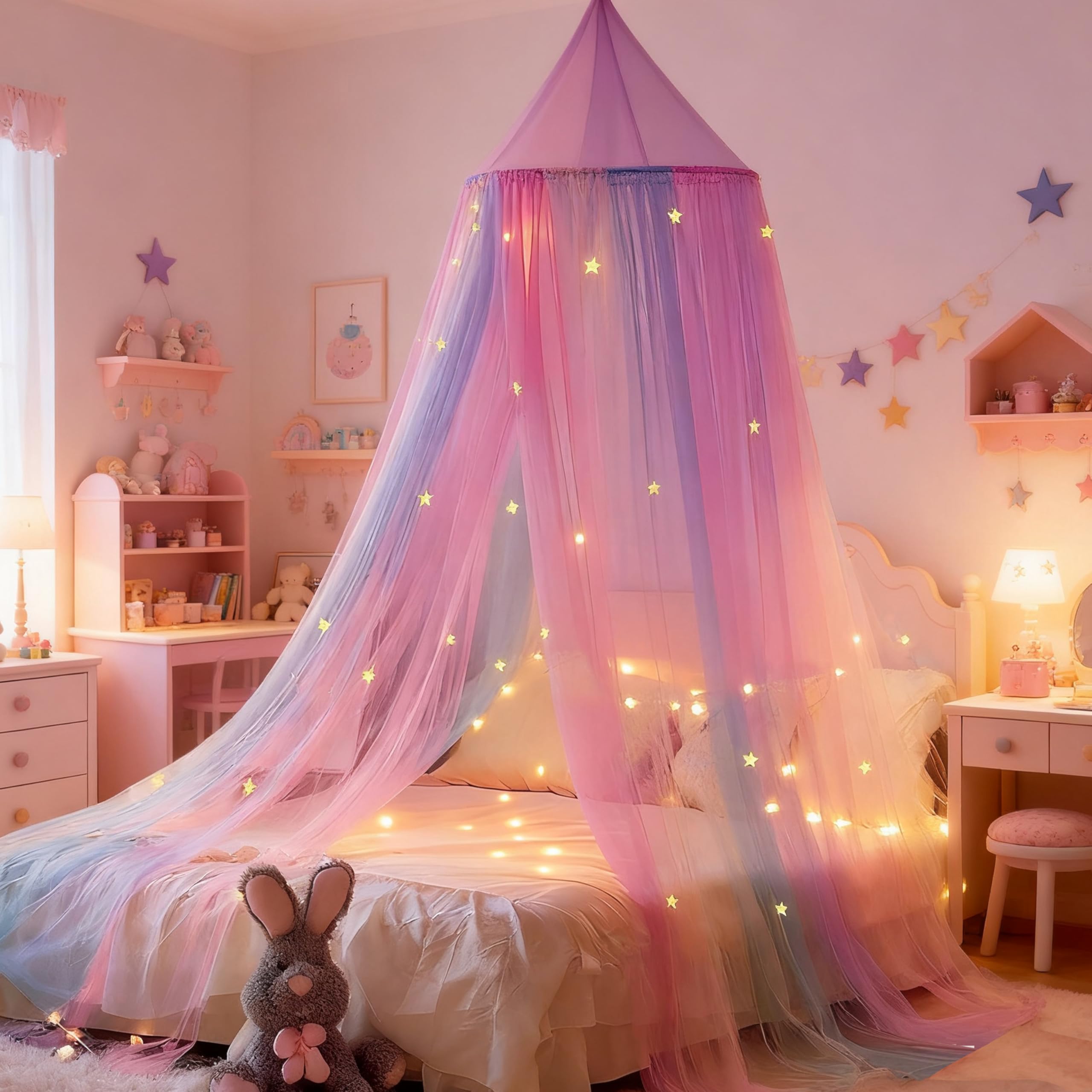 Princess Rainbow Bed Canopy for Girls Bed Net,Princess Canopy for Kids Bed Room Decor (Rainbow) (Rainbow-Stars)