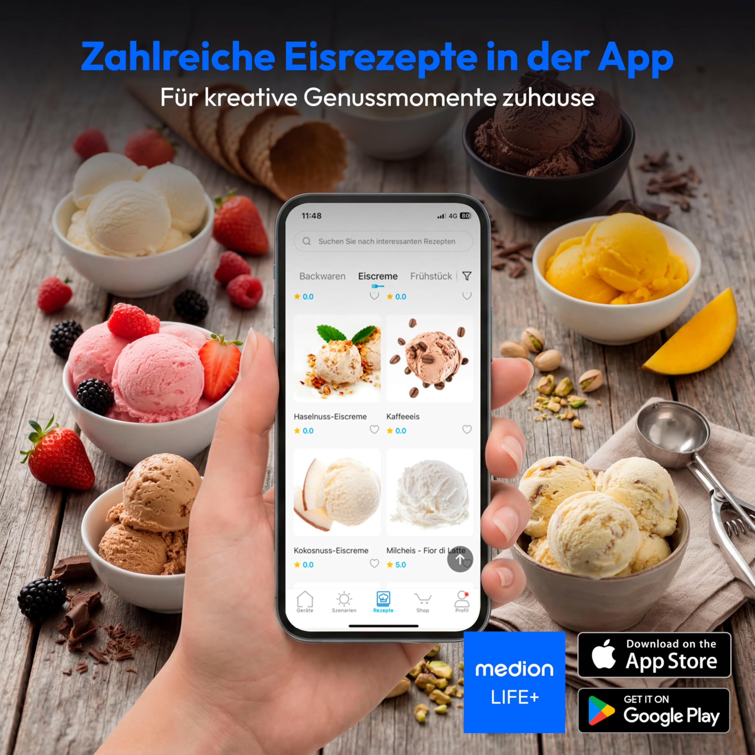 MEDION Eismaschine, Kapazität für 1 L Eis, kein Vorkühlen notwendig, LED-Display mit Sensor-Touch, entnehmbarer Aluminium-Eisbehälter, geeignet für die Zubereitung von Eiscreme, Joghurt und Slush Eis