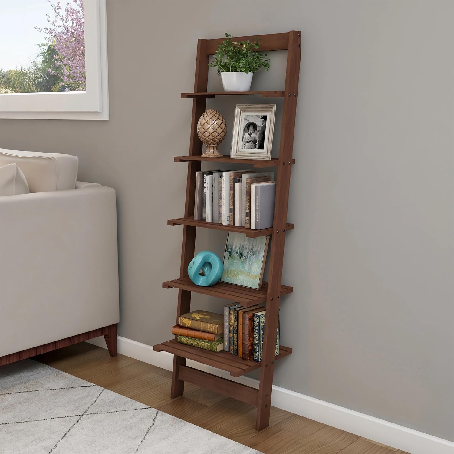 5-Tier Walnut Finish Slatted Wood Leaning Ladder Shelf, Narrow Space Vertical Storage Bookshelf for Living Room, Bathroom, Kitchen & Home Display