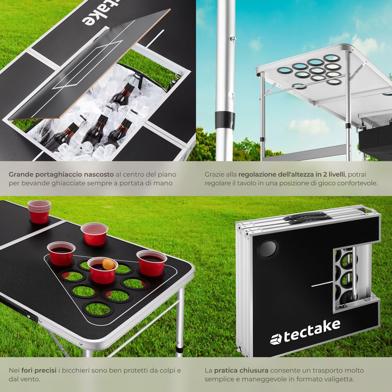 tectake® Tavolo da Beer Pong, Pieghevole con Maniglia, Kit Completo Bicchieri Multicolor e Palline, Beer Pong Set, Struttura in Alluminio, Regali Divertenti, Giochi per Festa - 235 x 60 x 70 cm