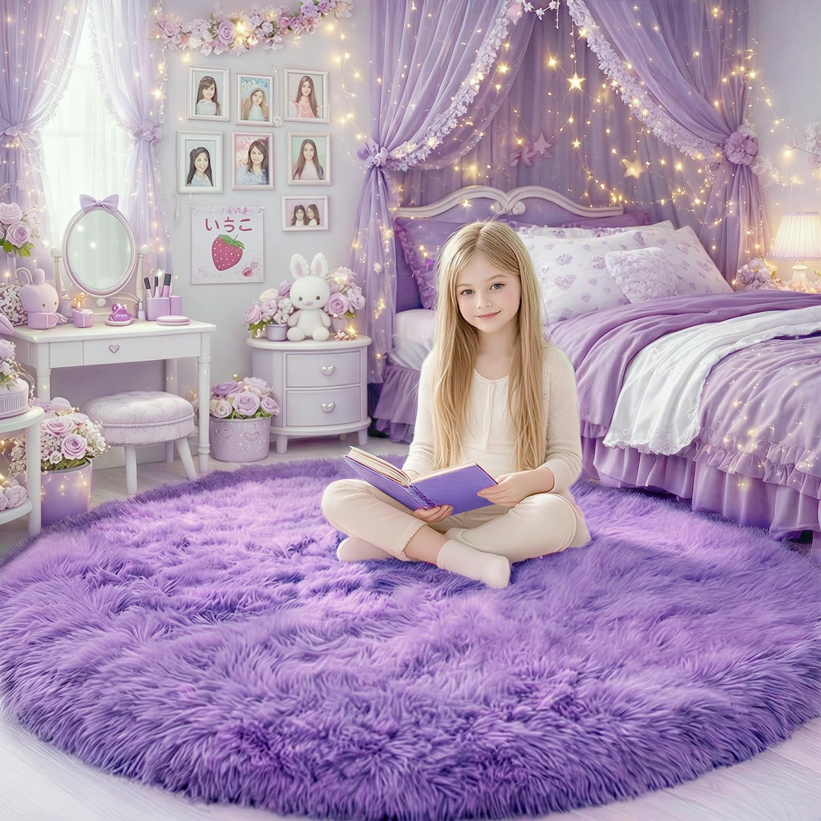 Amdrebio Purple Round Circle Rugs 6Ft for Girls Bedroom Decor Aesthetic, Large Fluffy Fuzzy Area Rugs for Kids Room, Soft Cute Furry Plush Shaggy Lavender Carpet for Living Room, Baby Nursery, Dorm