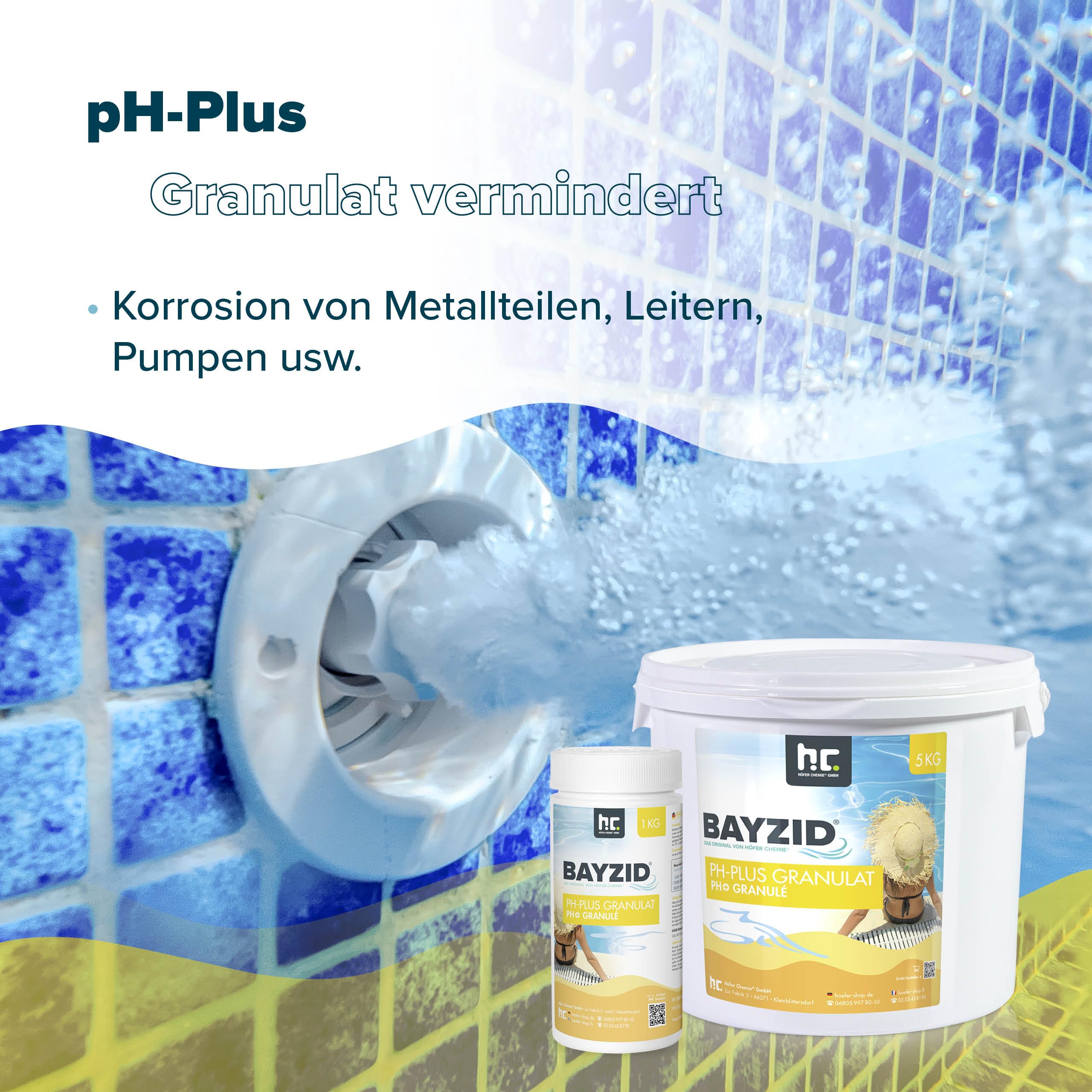 Höfer Chemie 1 x 5 kg pH Plus Granulat BAYZID (pH-Heber) sorgt für eine schnelle und zuverlässige Anhebung des pH-Werts in Pool und Schwimmbad