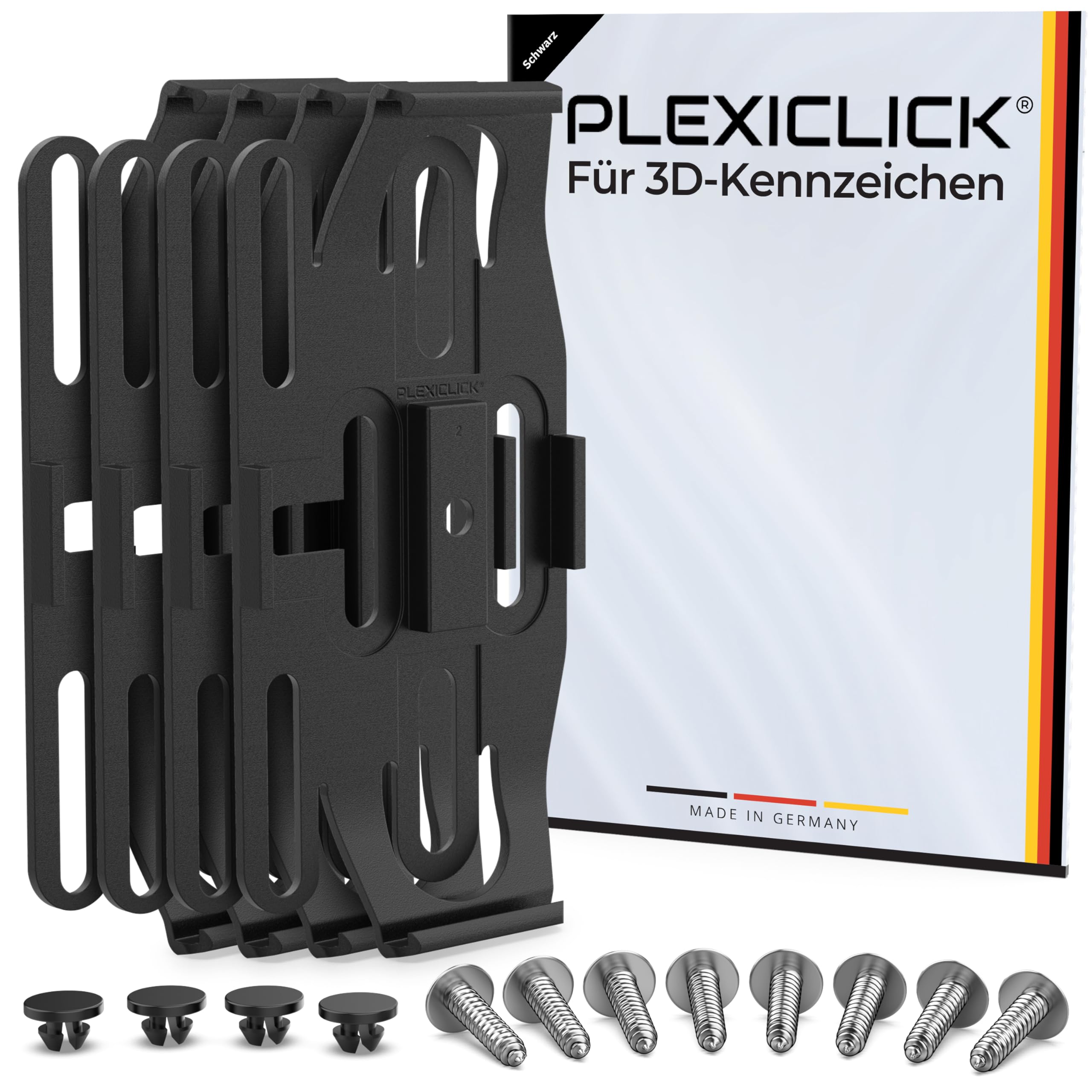 PLEXICLICK® 3D Kennzeichenhalter 3D Kennzeichen - Rahmenlos unsichtbar - 3D Kennzeichen Halterung Auto - Universal - Für Deutsche 3D Kfz Kennzeichen (Schwarz, Nur Deutsche 3D (kein Österreich))