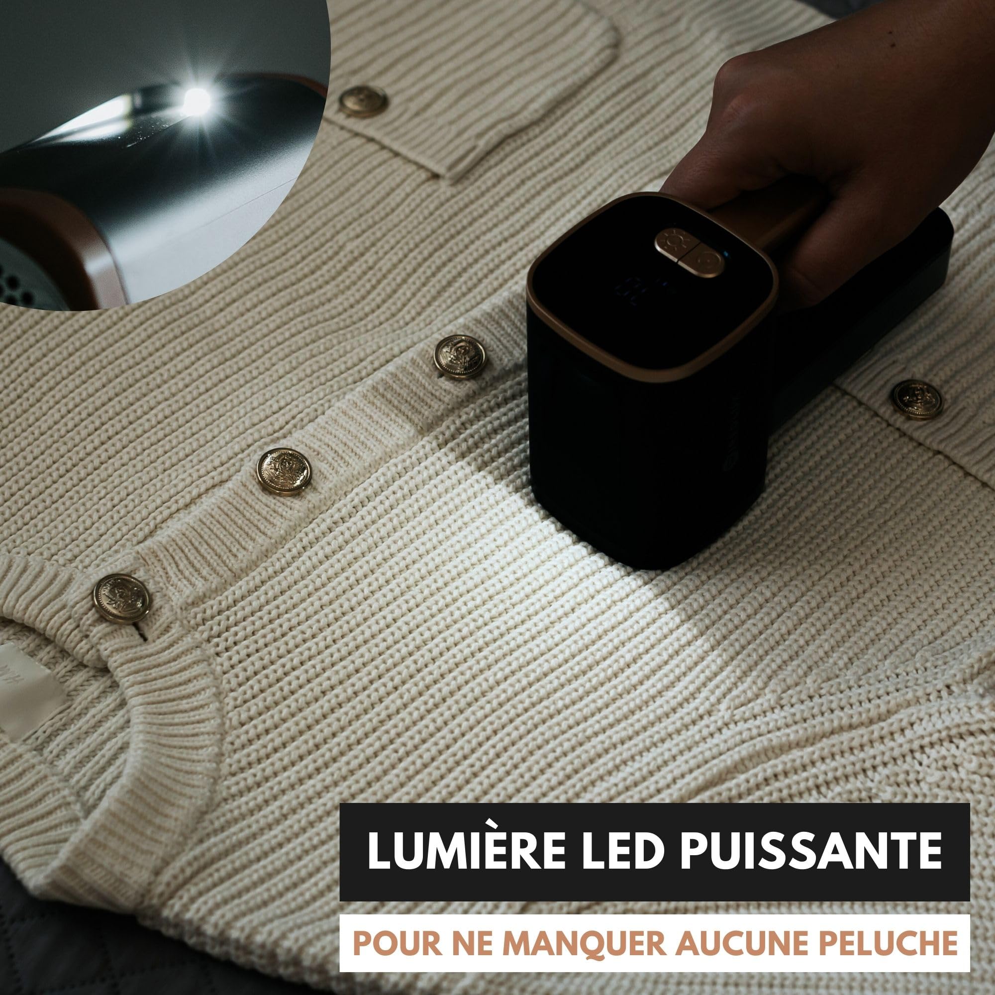 Rasoir Anti-Bouloche Électrique WiredLux - Déboulocheur Rechargeable pour enlever Les Peluches sur Vêtement & Meuble - Appareil Coupe Peluche à 3 Vitesses, Lumière LED, Dual Protection (Noir/Or)