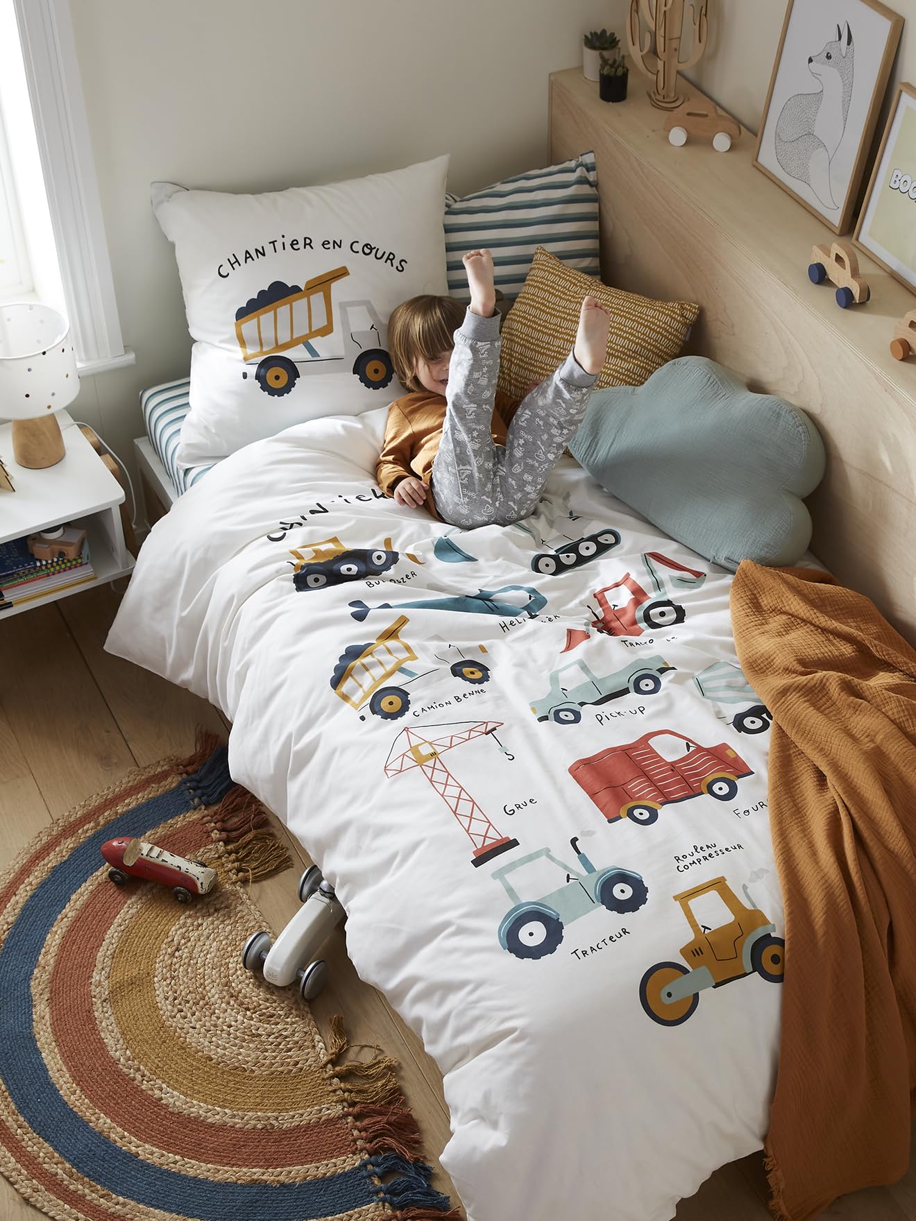 VERTBAUDET Parure Housse de Couette + taie d'oreiller Enfant Quel Chantier ! écru/Multicolore 140X200 63X63