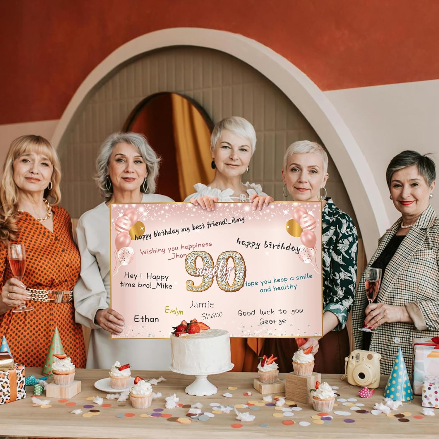 Large 90th Birthday Card With Envelope for Girls, Pink Rose Gold The Year 1936 Happy 90th Birthday Giant Guest Signature Book Gift, Extra Big Ninety Greeting Card Decoration Party Supply - Image 6