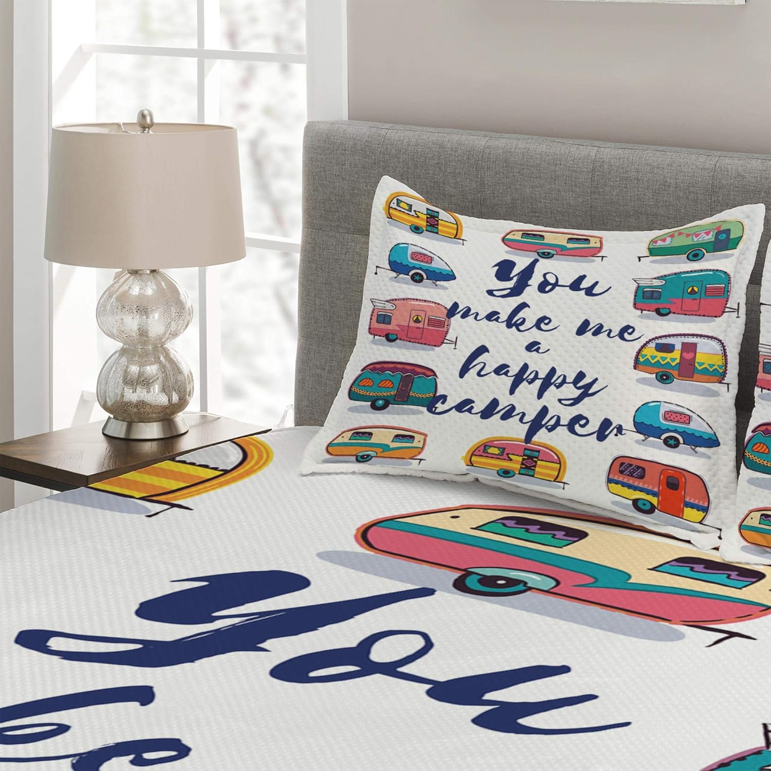 Free Shipping 🛒 Lunarable Camper Coverlet Set Queen Size, You Make Me Happy Camper Motivational Words with Caravans Retro Style Travel Graphic, 3 Piece Decorative Quilted Bedspread Set with 2 Pillow Shams, Navy White Exclusive Special Lunarable Camper Coverlet Set Queen Size, You Make Me Happy Camper Motivational Words with Caravans Retro Style Travel Graphic, 3 Piece Decorative Quilted Bedspread Set with 2 Pillow Shams, Navy White