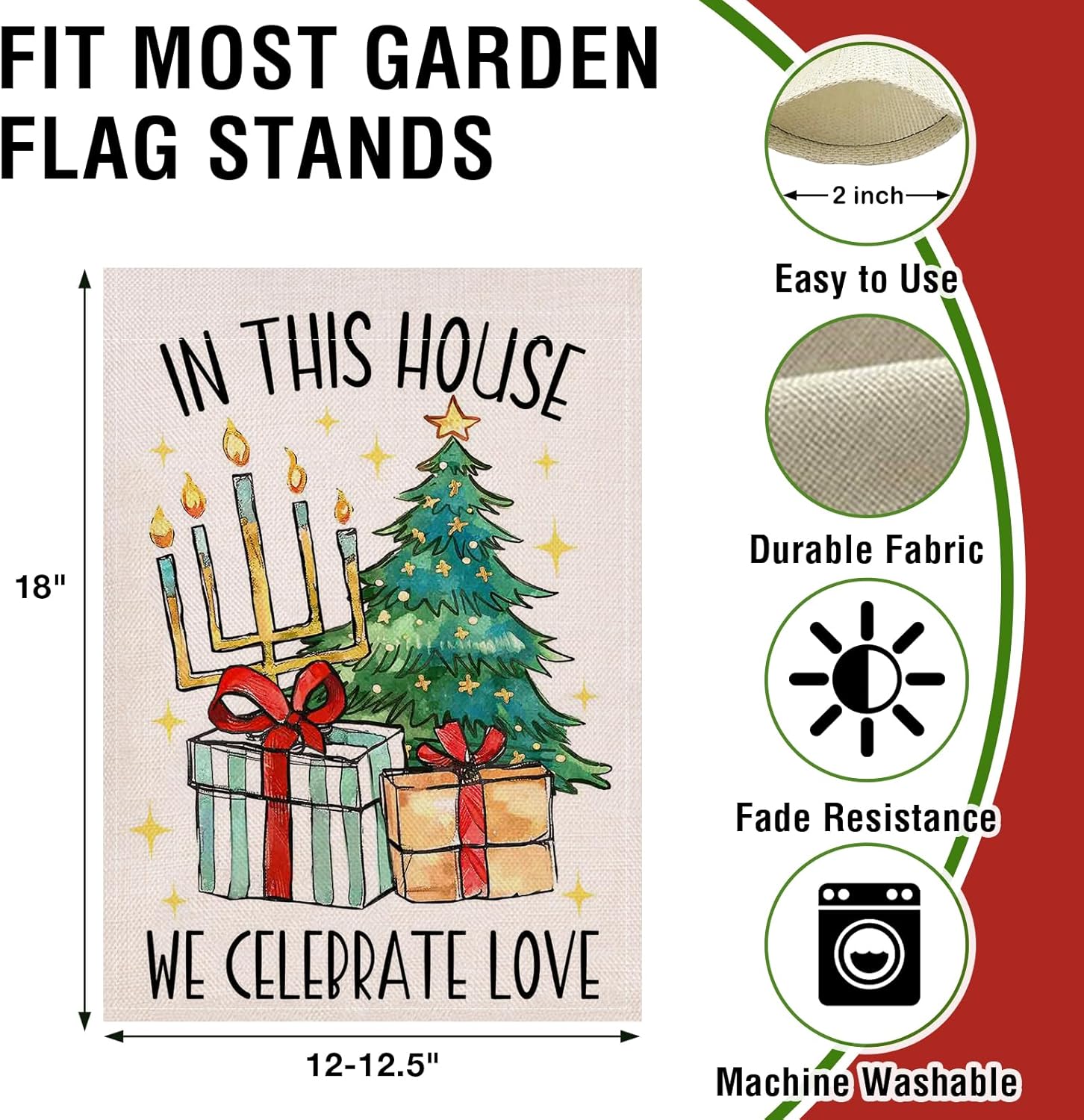 Artofy Christmas Tree Gifts Candle Small Decorative Garden Flag, Xmas in This House We Celebrate Love Yard Lawn Outside Decor, Winter Holiday Burlap Outdoor Home Decoration Double Sided 12 x 18 - Image 2
