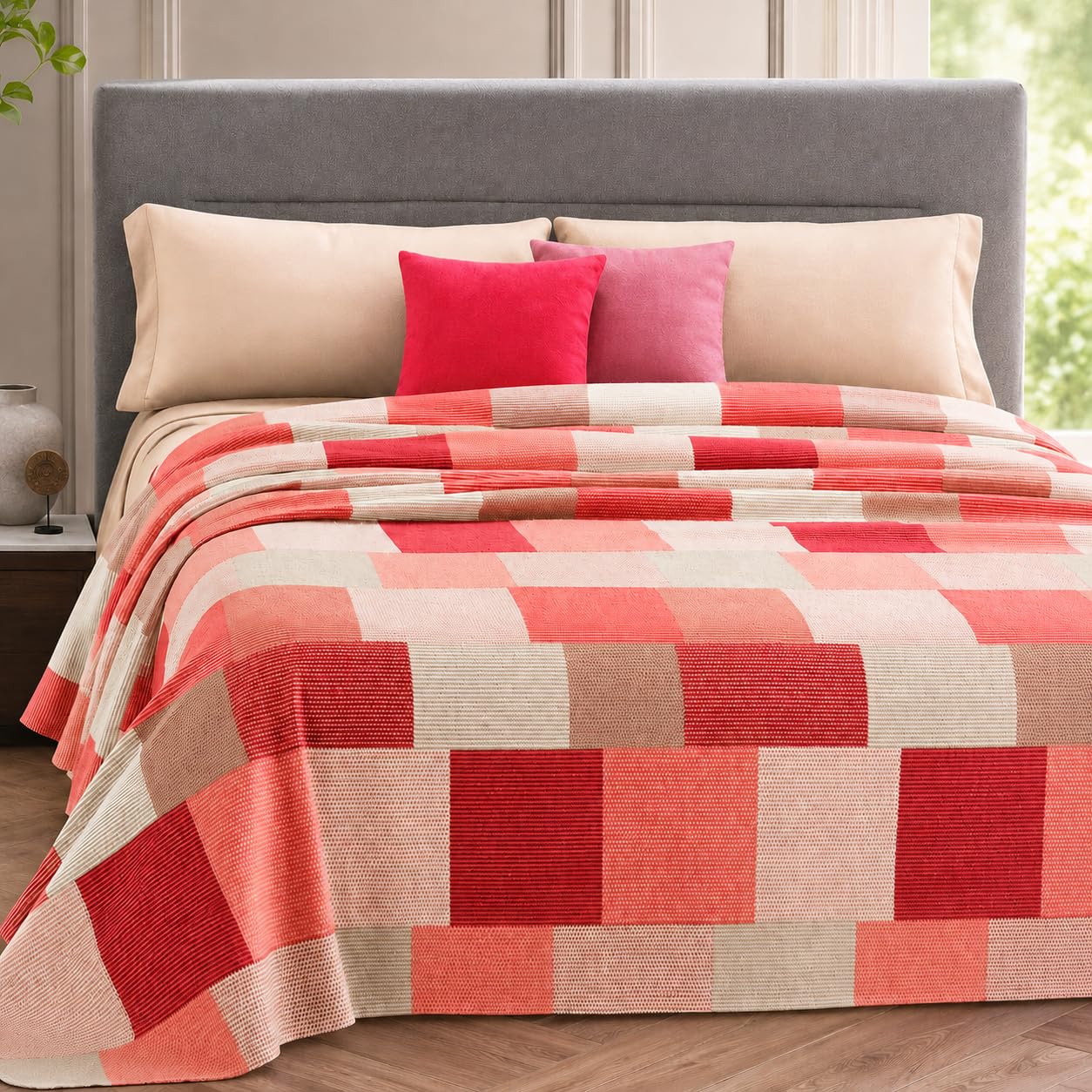 Copriletto Estivo in Cotone Piquet, Vari Misure, Copriletto Leggero Ideale per Estate, Pratico Confortevole e Traspirante (Square - Arancione, Singolo)