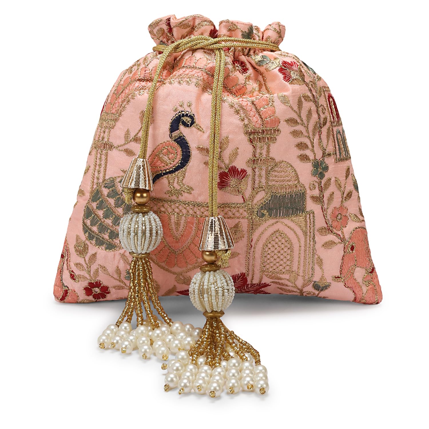 Luxury Embroidered Potli Bag, Brocade with Gold Floral Pattern, Pearl Tassel Drawstring Handbag for Wedding and Traditional Occasions-image-11