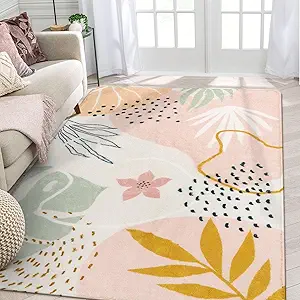 Lahome Pink Rug for Living Room - 5x7 Area Rug Washable Non-Slip Boho Rugs for Bedroom Throw Cute Soft Kids Nursery Rug, Abstract Botanical Print Carpet for Classroom Dorm Entryway Office Dining Room