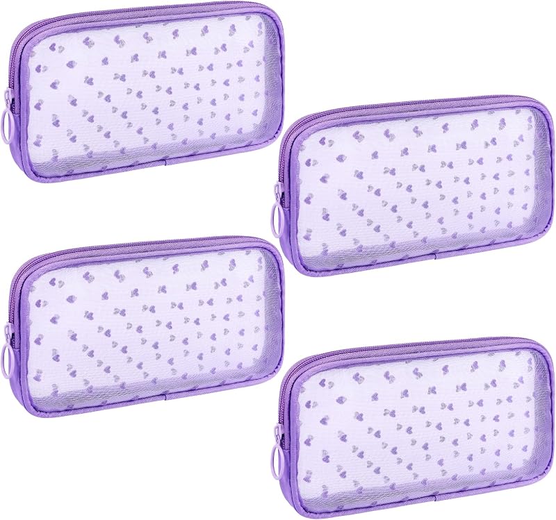 Necessaire de malha de nylon com zíper Sinzip, estampa de coração roxa, tamanho M, pacote com 4